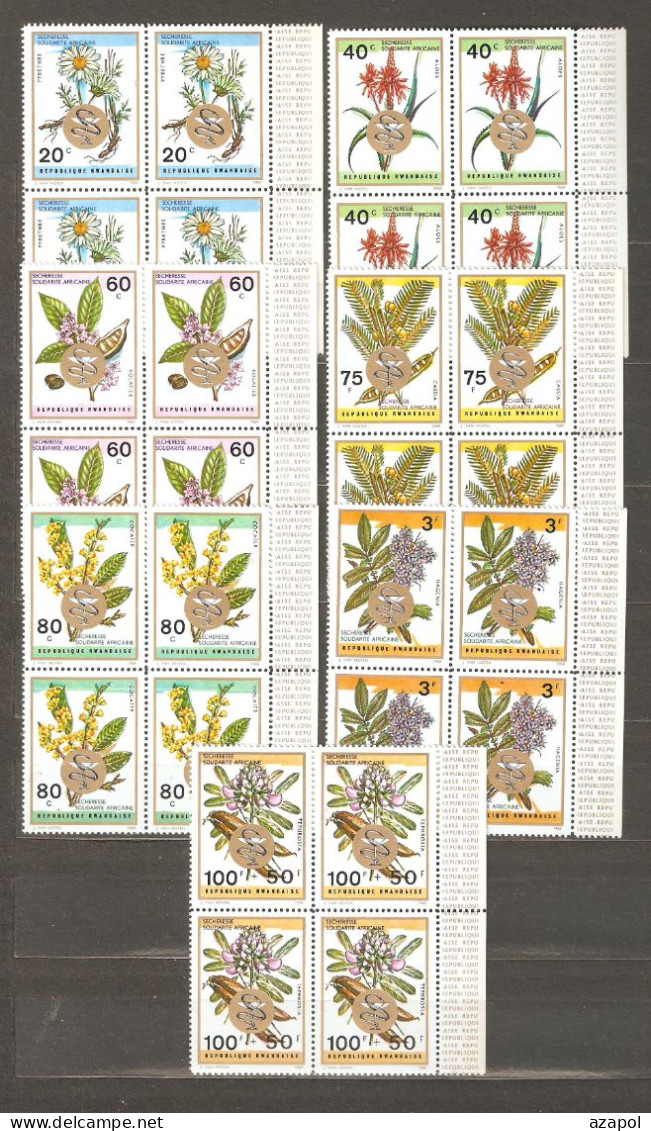 Rwanda: Full Set Of 7 Mint Stamps In Blocks Of 4 - Oveprint, Flowers, 1973, Mi#604-10, MNH - Neufs