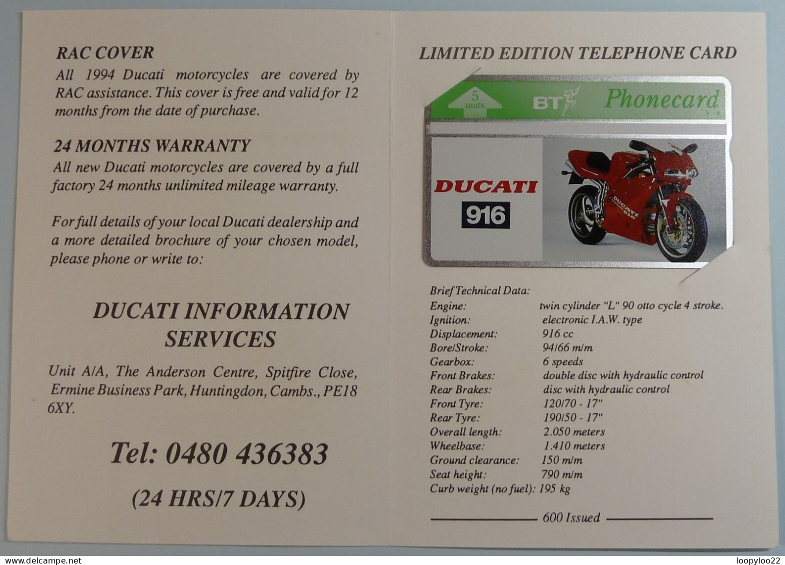UK - BT - L&G - DUCATI 916 - 406B - Ltd Edition In Folder - 600ex - Mint - BT General Issues