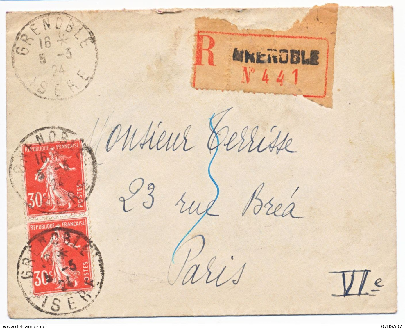 30C SEMEUSE ROUGE ISERE ENV 1924 GRENOBLE LETTRE RECOMMANDEE N°160 X 2 + V° "instance Paris 43 Arrivée" - 1906-38 Sower - Cameo