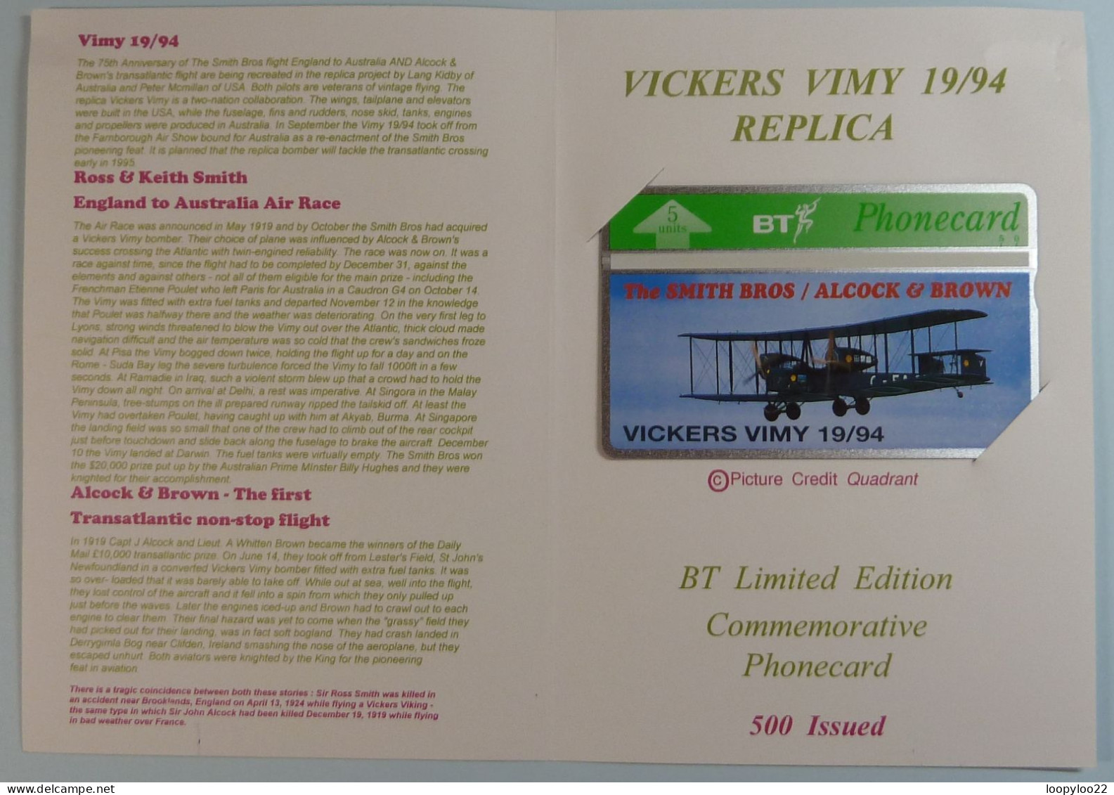 UK - BT - L&G - Vickers Vimy Replica - Smith Alcock & Brown - BTG435 - 405K - 500ex - Limited Edition - Mint In Folder - BT Emissions Générales