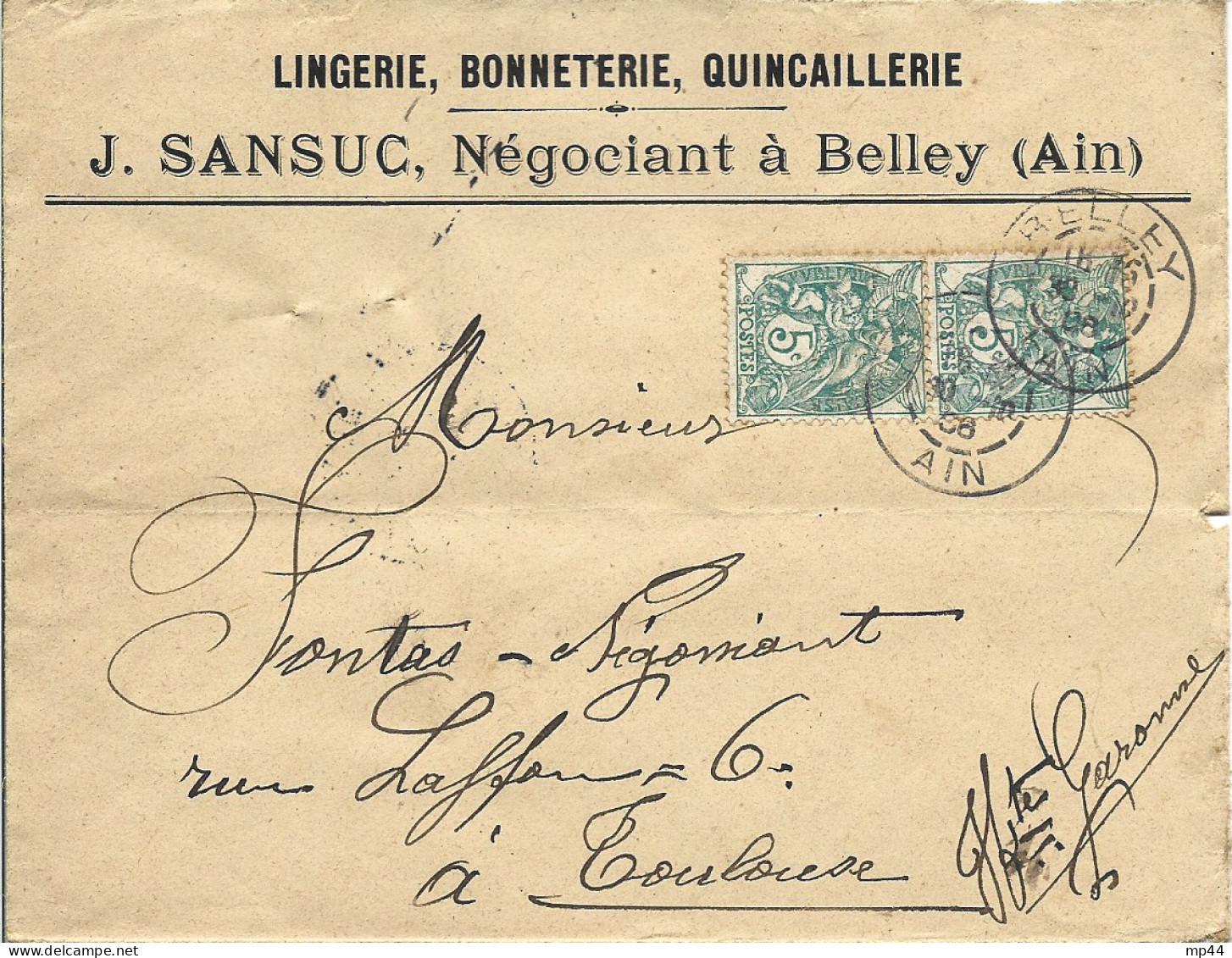 92 --- Lettre 01 BELLEY J.Sansuc, Lingerie, Bonneterie, Quincaillerie - 1900 – 1949