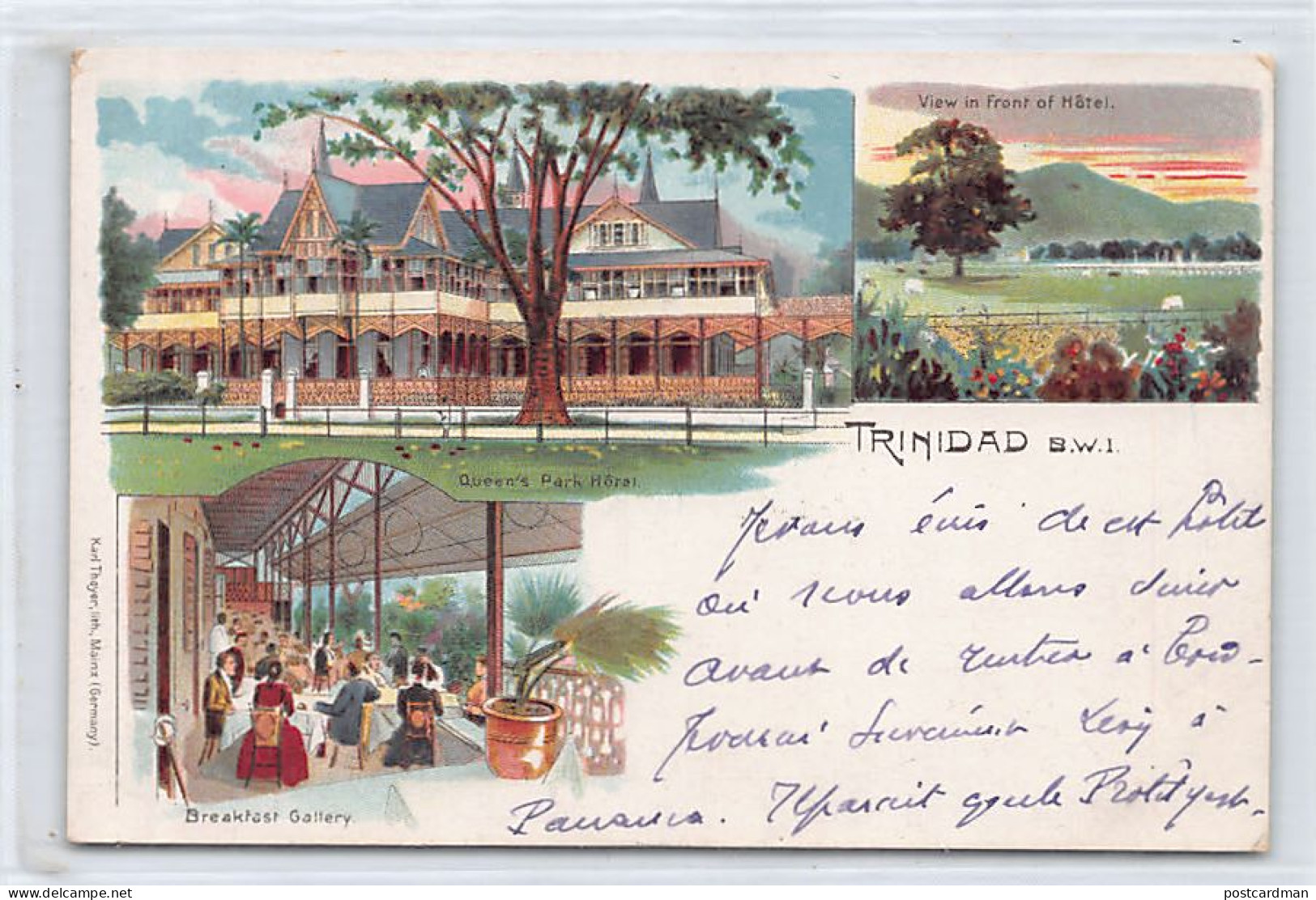 Trinidad - LITHO - Queen's Park Hotel - View In Front Of Hotel - Breakfast Gallery - Publ. Karl Theyer  - Trinidad