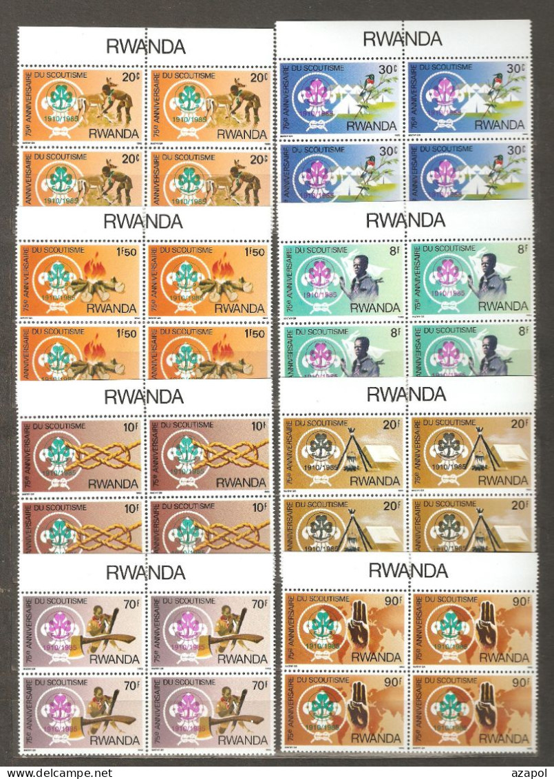 Rwanda: Full Set Of 8 Mint Stamps In Block Of 4 - Overprint, Girl Guide Movement, 1985, Mi#1318-25, MNH - Unused Stamps