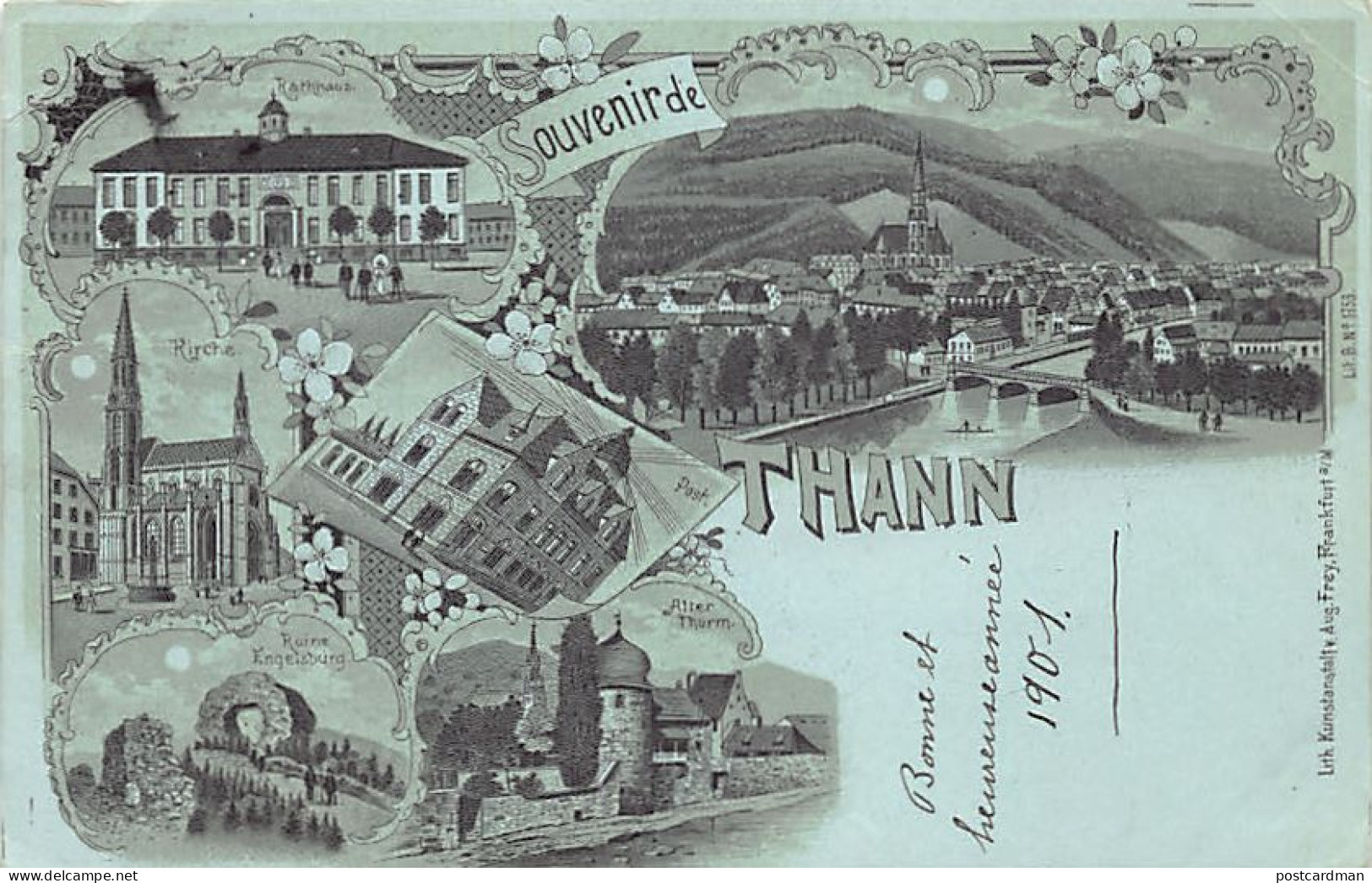 Thann - Carte à La Lune - Eglise - Mairie - Poste Engelsburg - Vieille Porte - Ed. Aug. Frey - Thann