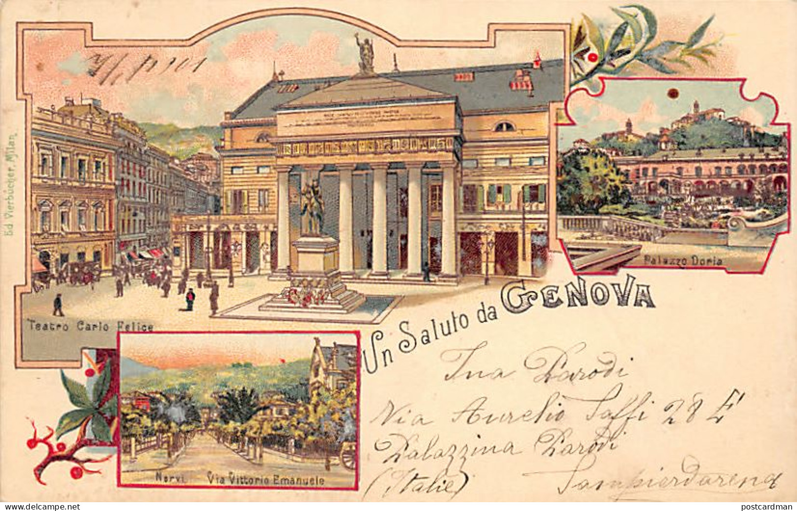 GENOVA - Litografia - Teatro Carlo Felice - Palazzo Doria - Nervi, Via V.E. - Genova (Genoa)
