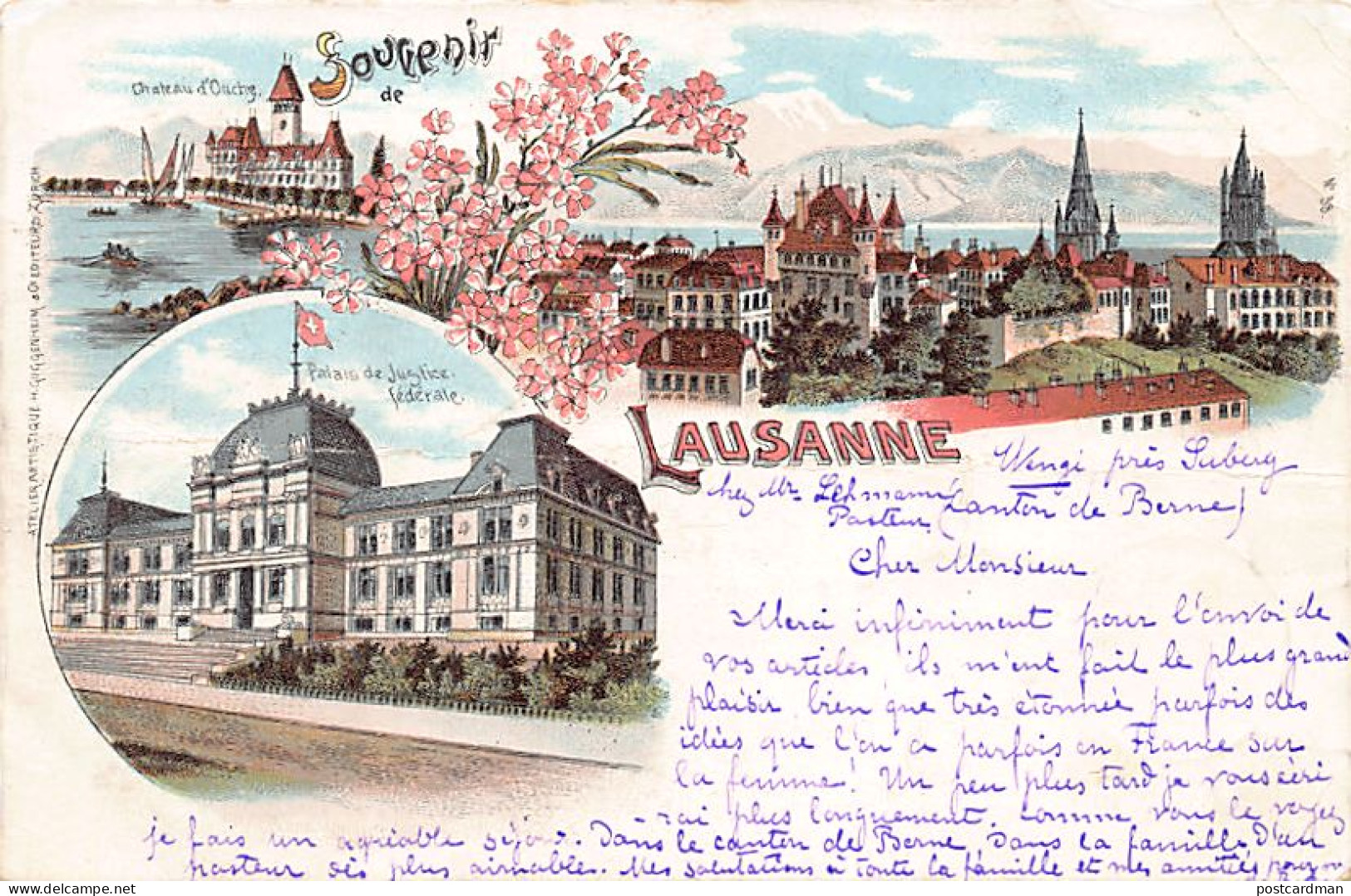 LAUSANNE (VD) Litho - Palais De Justice - Château D'Ouchy - Vue Générale - Ed. Guggenheim 38 - Lausanne