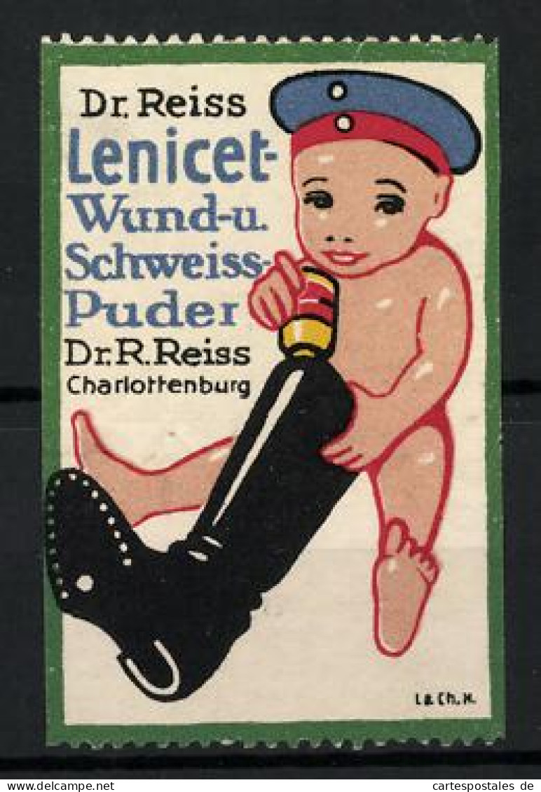 Reklamemarke Lenicet Wund- Und Schweisspuder, Dr. R. Reiss, Berlin-Charlottenburg, Soldatenbube Mit Stiefel  - Erinnophilie