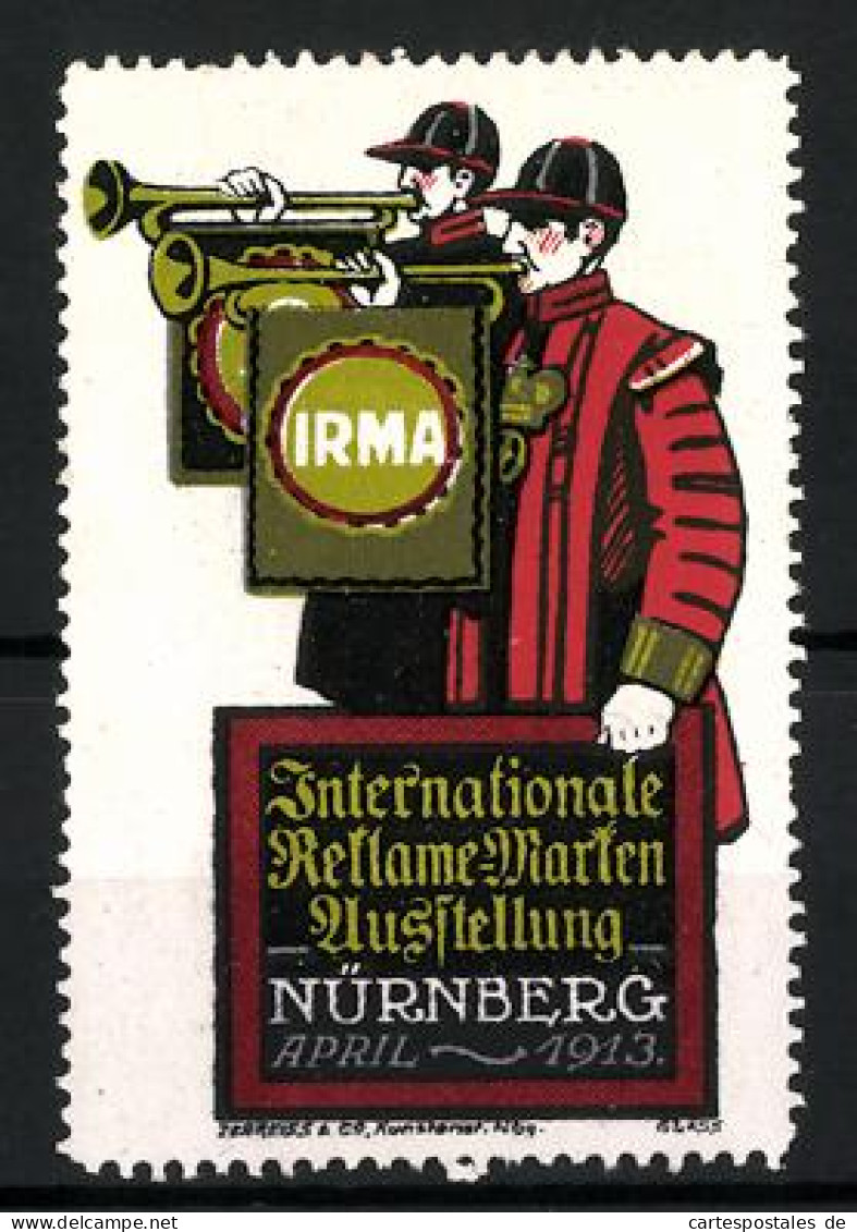 Reklamemarke Nürnberg, Internationale Reklame-Marken Ausstellung IRMA 1913, Zwei Trompeter  - Vignetten (Erinnophilie)