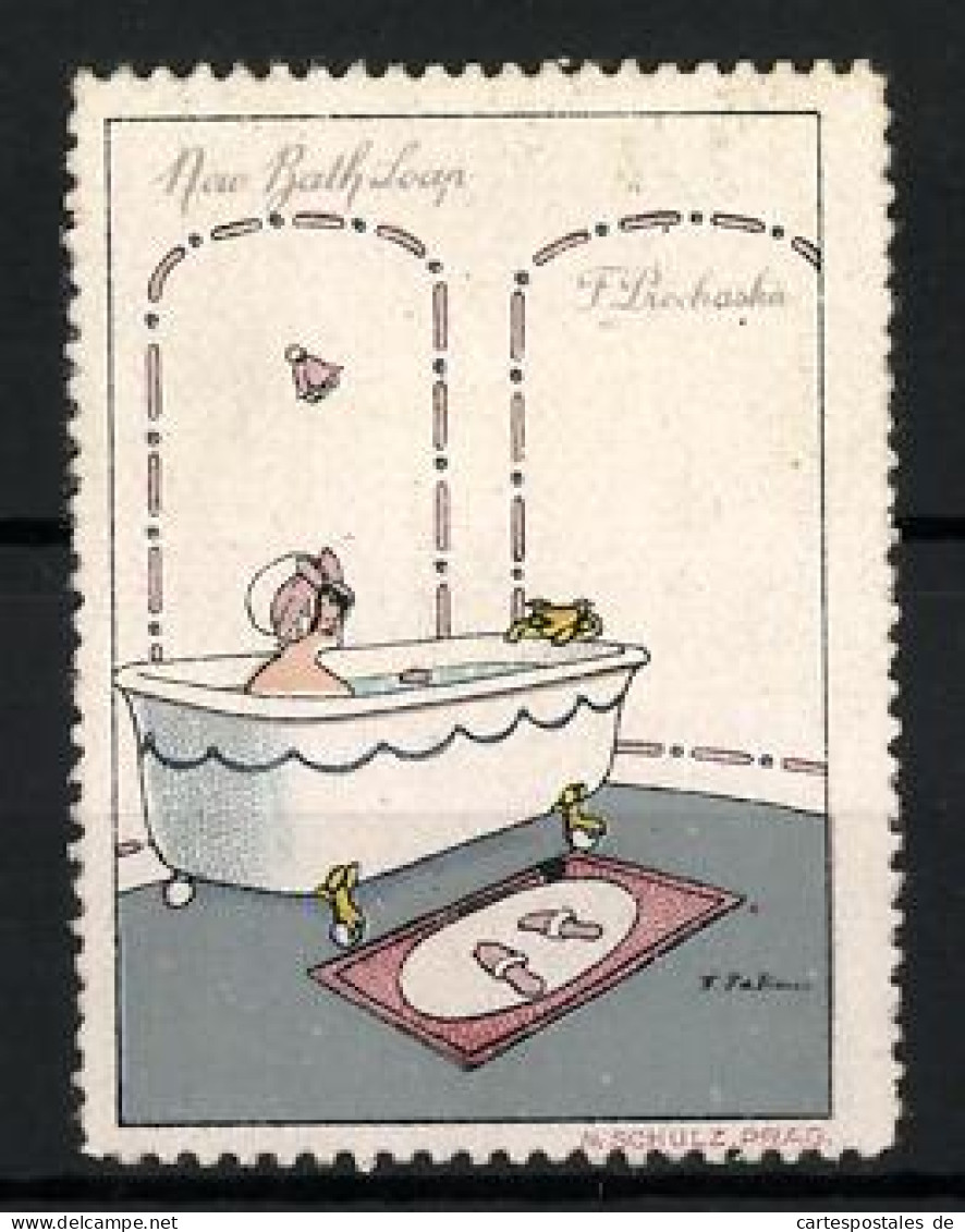 Künstler-Reklamemarke Fabiano, New Bath Soap, F. Prochaska, Frau Nimmt Ein Bad  - Erinnophilie