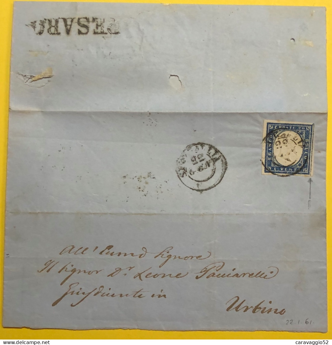 1861 SENIGALLIA PONTIFICIO DAT. 20 CENT FILETTO X URBINO PESARO IN TRANSITO - Sardinien