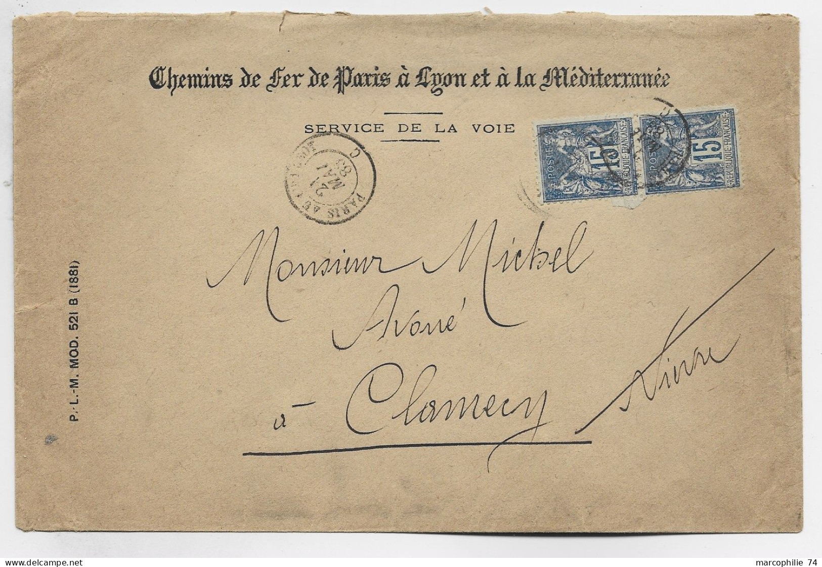 SAGE 15C PAIRE LETTRE ENTETE CHEMINS DE FER PLM AMBULANT PARIS A 1883 C POUR NIEVRE - Railway Post