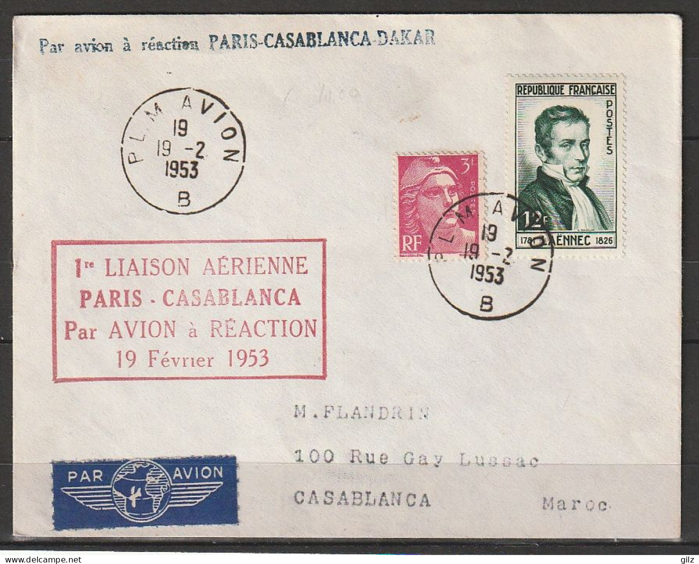 LETTRE 19.02.1953  YT 936 +806 Par Avion à Reaction Paris Casablanca - Briefe U. Dokumente