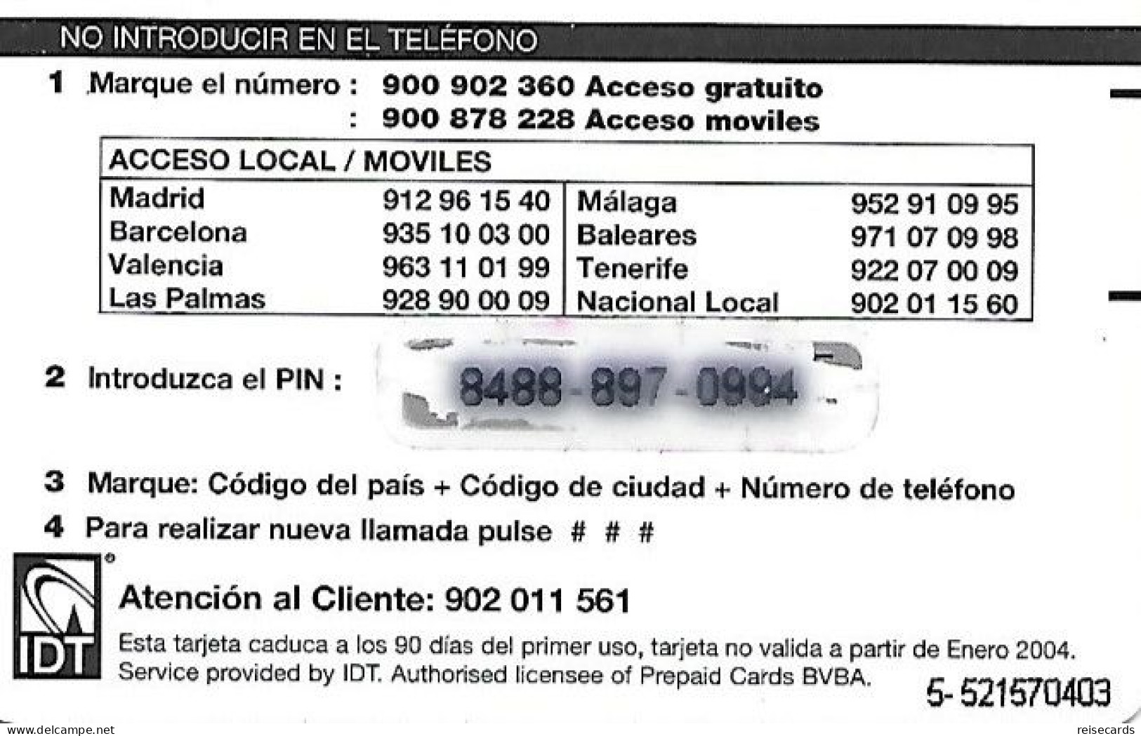 Spain: Prepaid IDT - Platicard €5 PTAS832  01.04 - Sonstige & Ohne Zuordnung