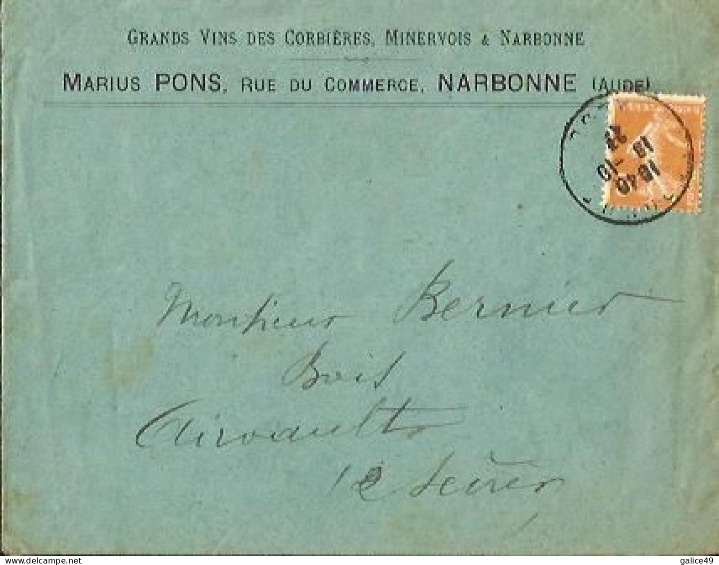 Enveloppe à Entête 5 - Marius Pons - Grands Vins Des Corbières, Minervois & Narbonne ( Aude ) - Cachet Du 18 Oct 1923 - Narbonne