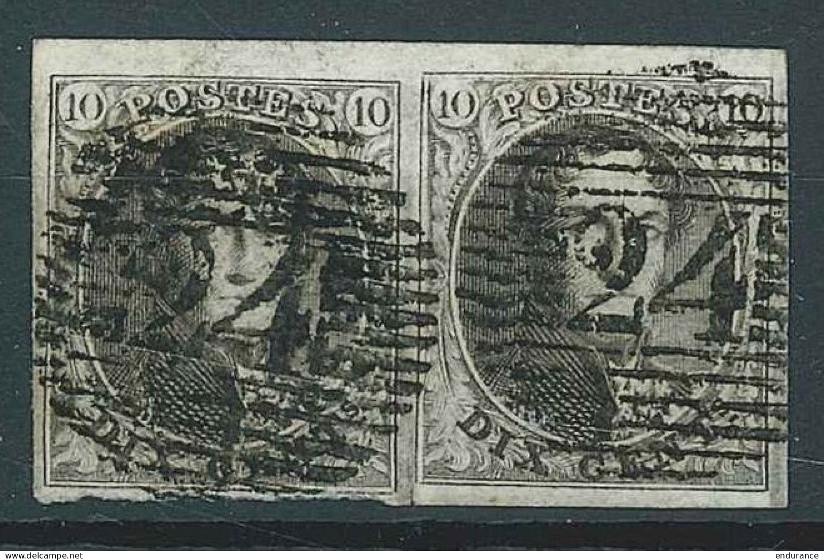 N°6, 10c Brun En Paire Très Bien Margée P24 Bruxelles (coup De Ciseau Entre Les Tp) - 1858-1862 Medaillen (9/12)
