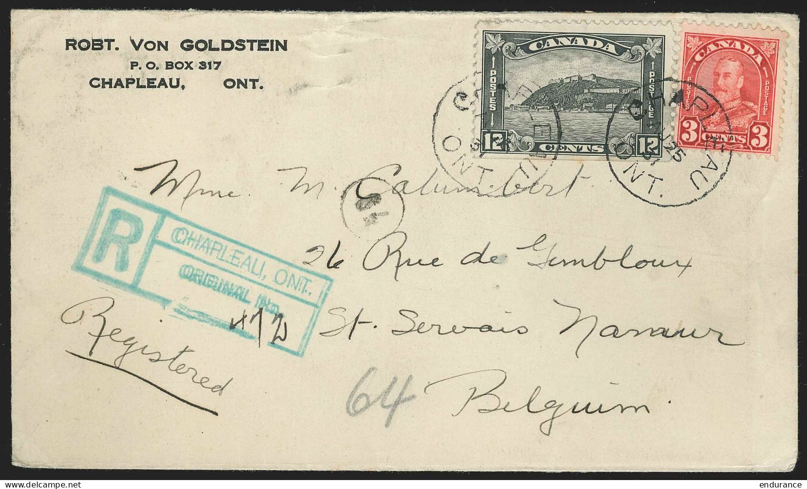 Canada - L. Recomm. Affr. 3c + 12c De CHAPLEAU/1931 Pour La Belgique  - Lettres & Documents