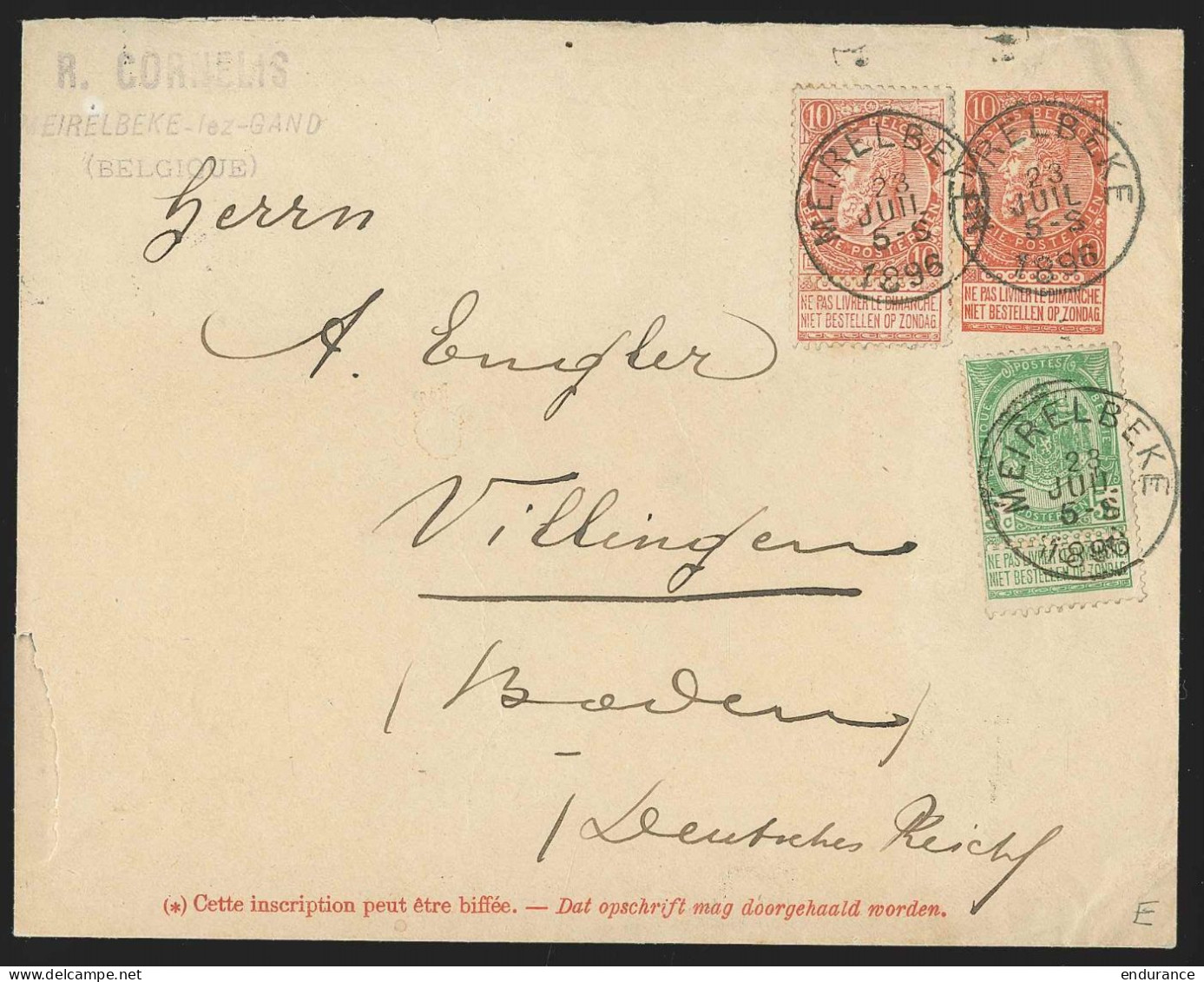 Envel L. 10c + N°56+57 Sc. MEIRELBEKE/1896 Pour L'Allemagne - Covers