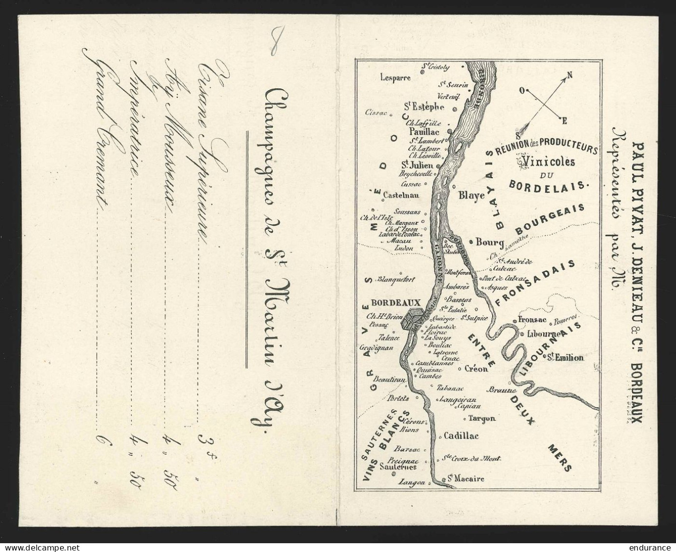 Carte Publicitaire Tarif Vin De Bordeaux "Paul Vivat J Denieau" - Publicités