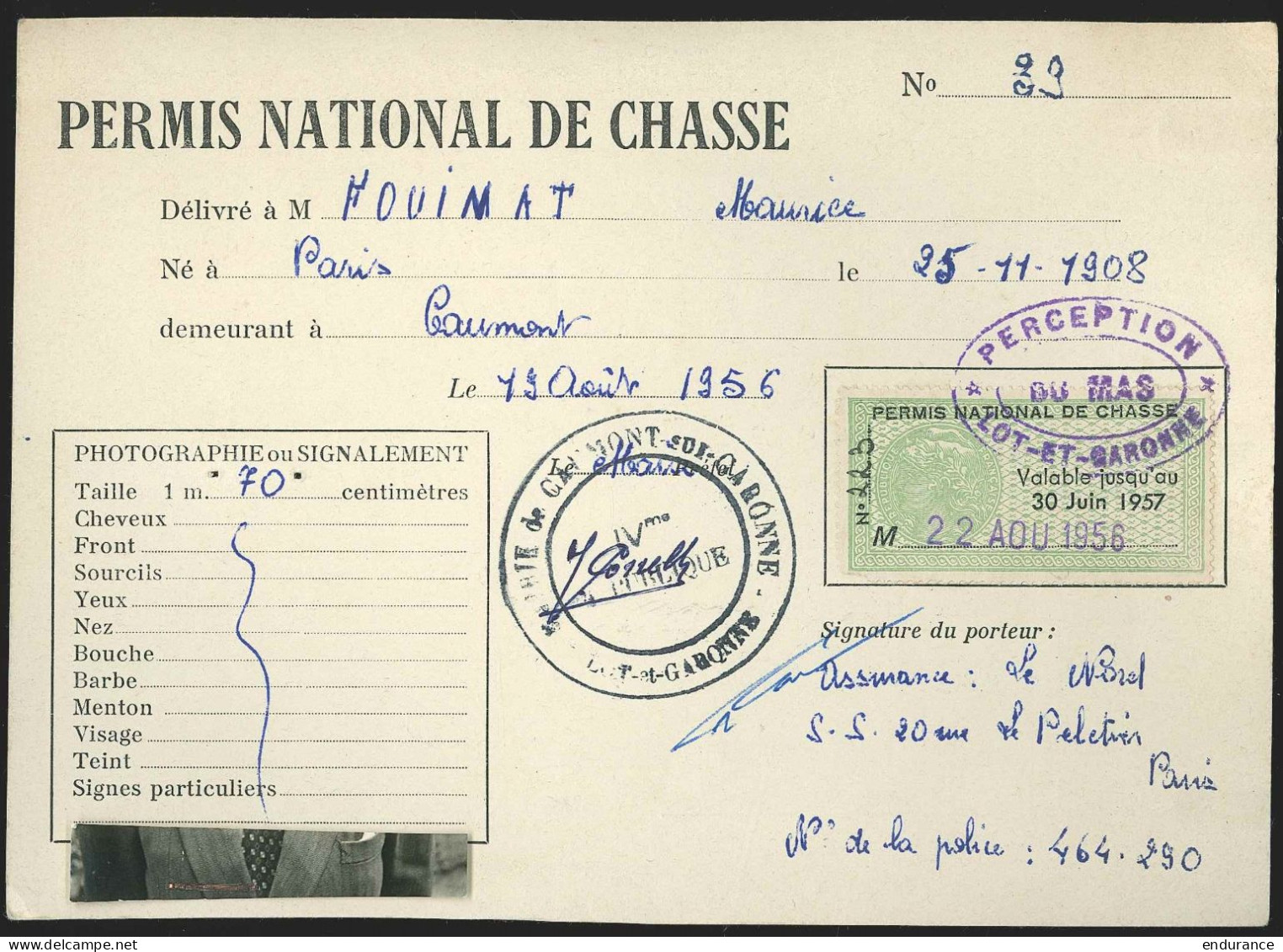 Permis National Avec Timbre "permis De Chasse" /1956 De Caumont /Garonne - Non Classés
