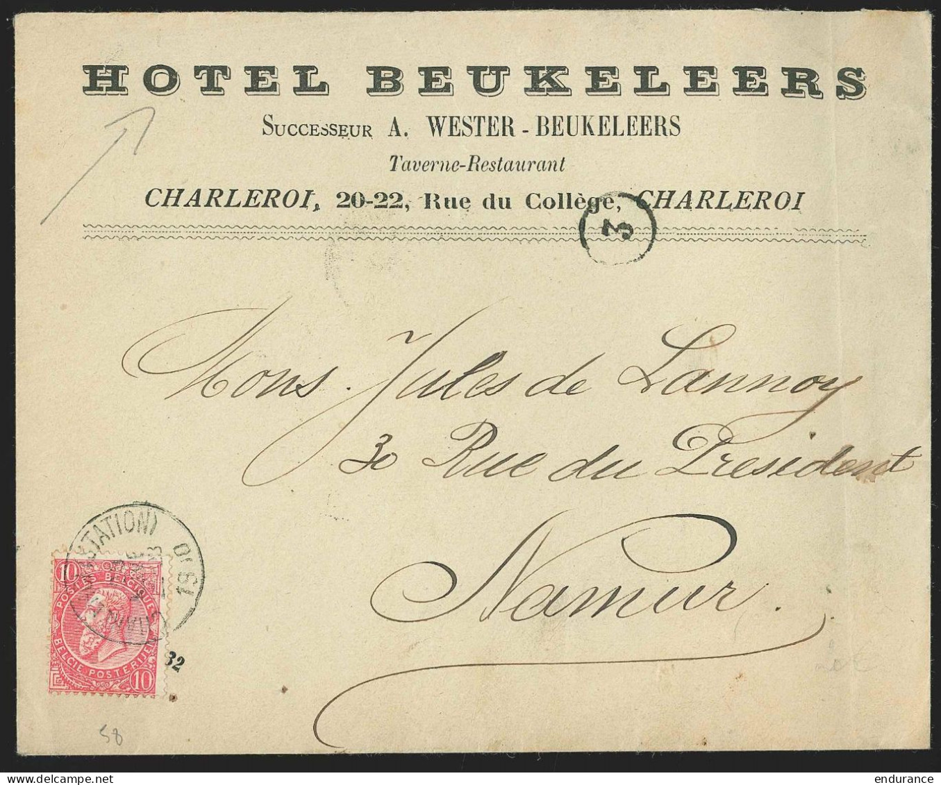L. à Entête "Hôtel Beukeleers" Affr. N°58 Sc CHARLEROI (STATION)/1900 Pour Namur - 1865-1866 Profil Gauche