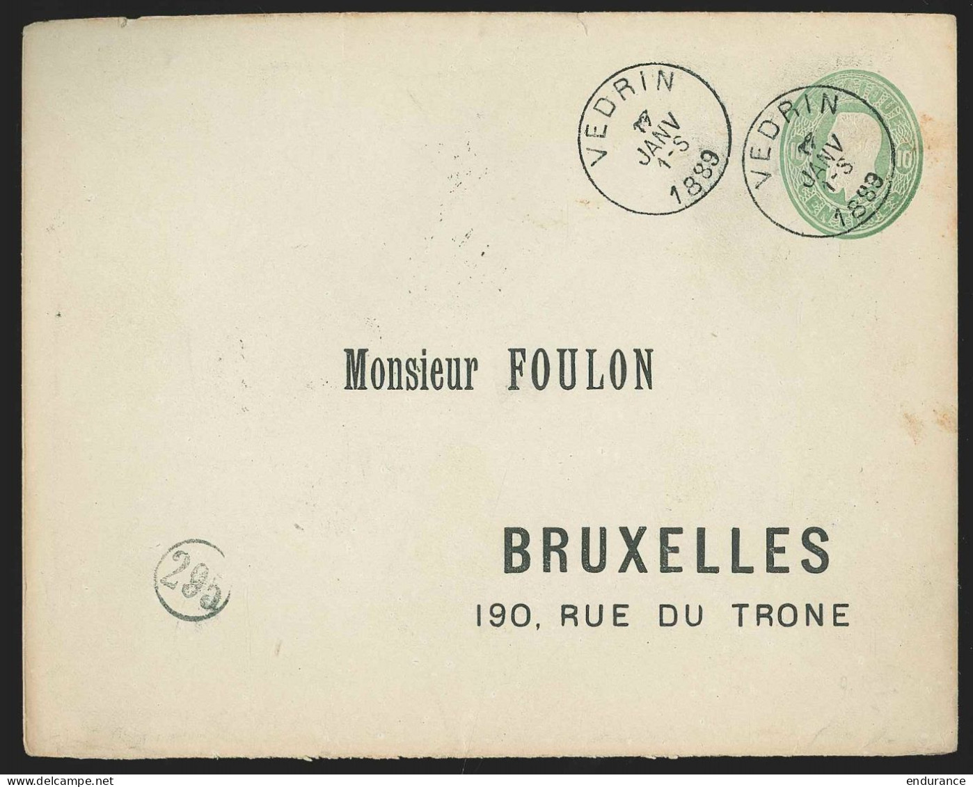 Envel. L. 10c Vert Càd VEDRIN/1889 + Repiquage Adresse Foulon / Bruxelles - Buste