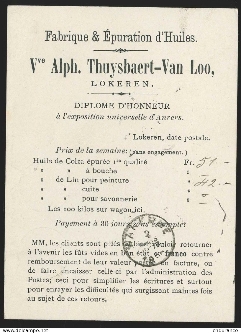 Imprimé "Fabrique D'huile Thuysbaert-Van Loo" Affr. N°53 De LOKEREN/1898 Pour Liège - 1893-1900 Thin Beard
