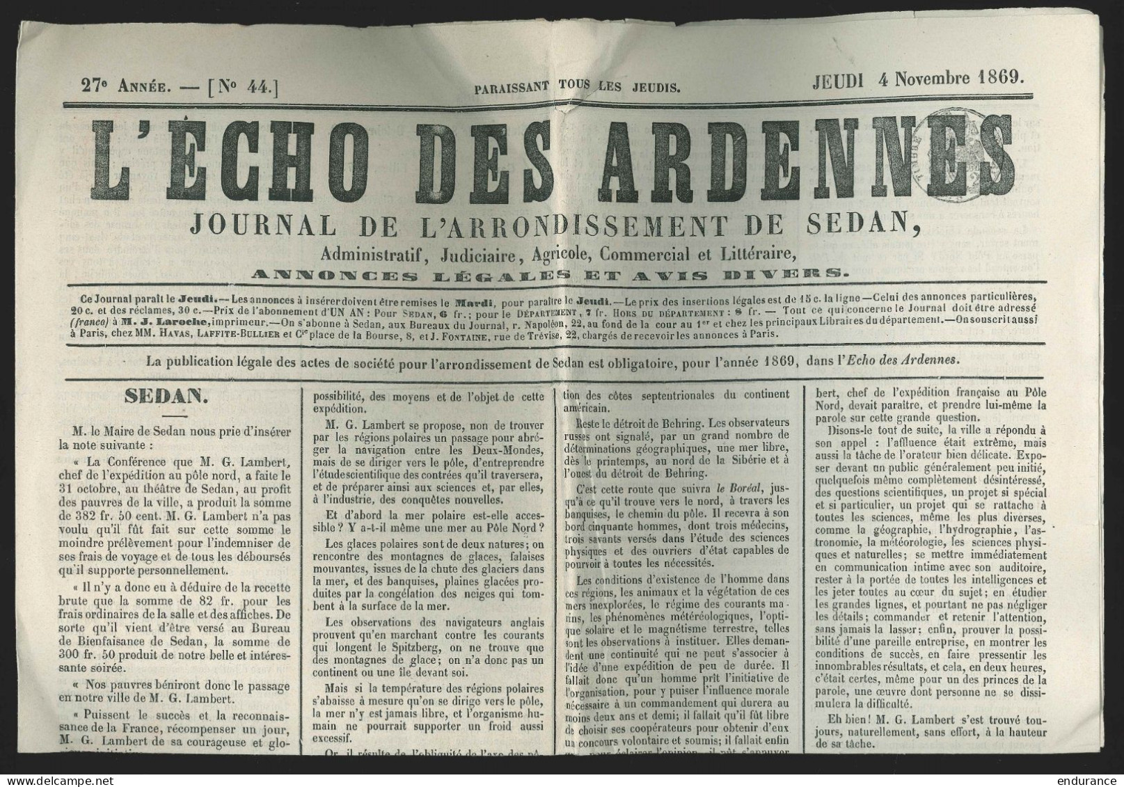 1869 Journal Des Ardennes (arrond De Sedan) (article Sur L'expédition Au Pôle Nord) - 1850 - 1899