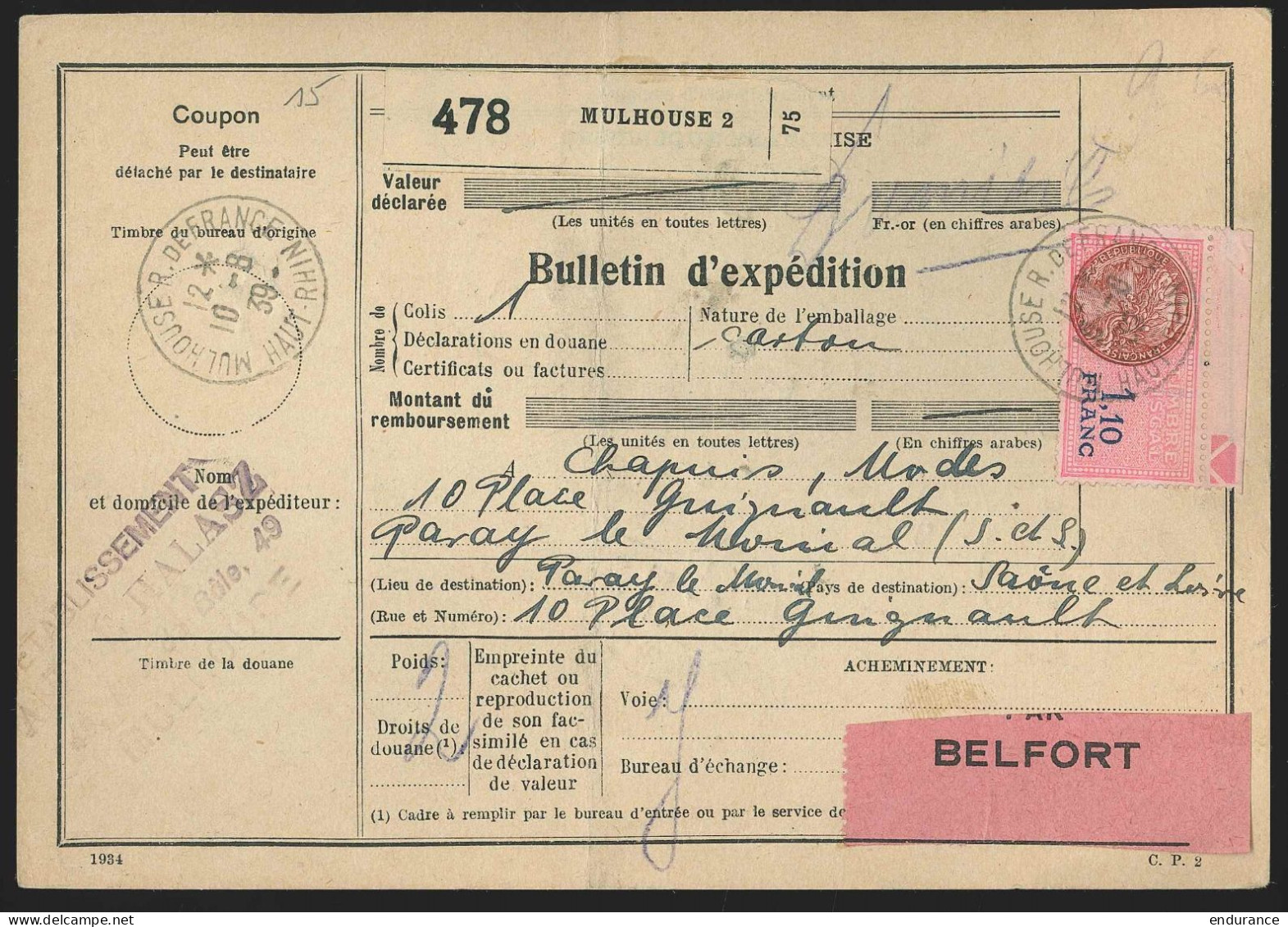 Bulletin D'expédition Fiscal 1,10 Fr + N°376 +392 +406 X2 + 413 De MULHOUSE/1939  - Other & Unclassified