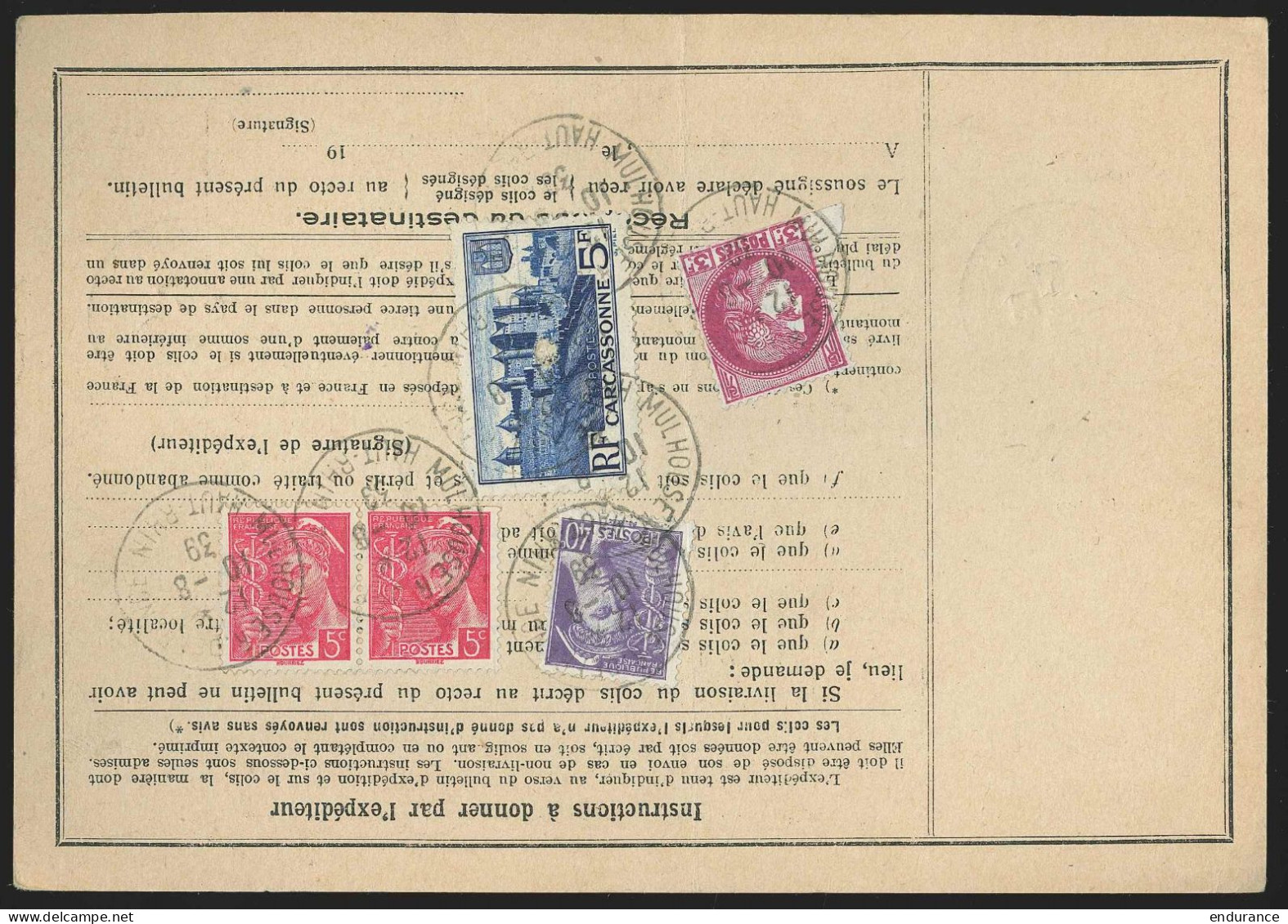 Bulletin D'expédition Fiscal 1,10 Fr + N°376 +392 +406 X2 + 413 De MULHOUSE/1939  - Autres & Non Classés