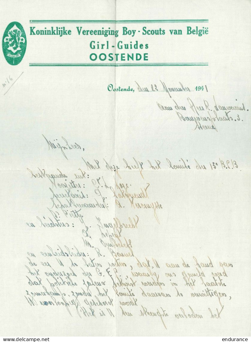 Courrier à Entête Des Boy - Scouts Van Belgïe Oostende /1941  - Pfadfinder-Bewegung
