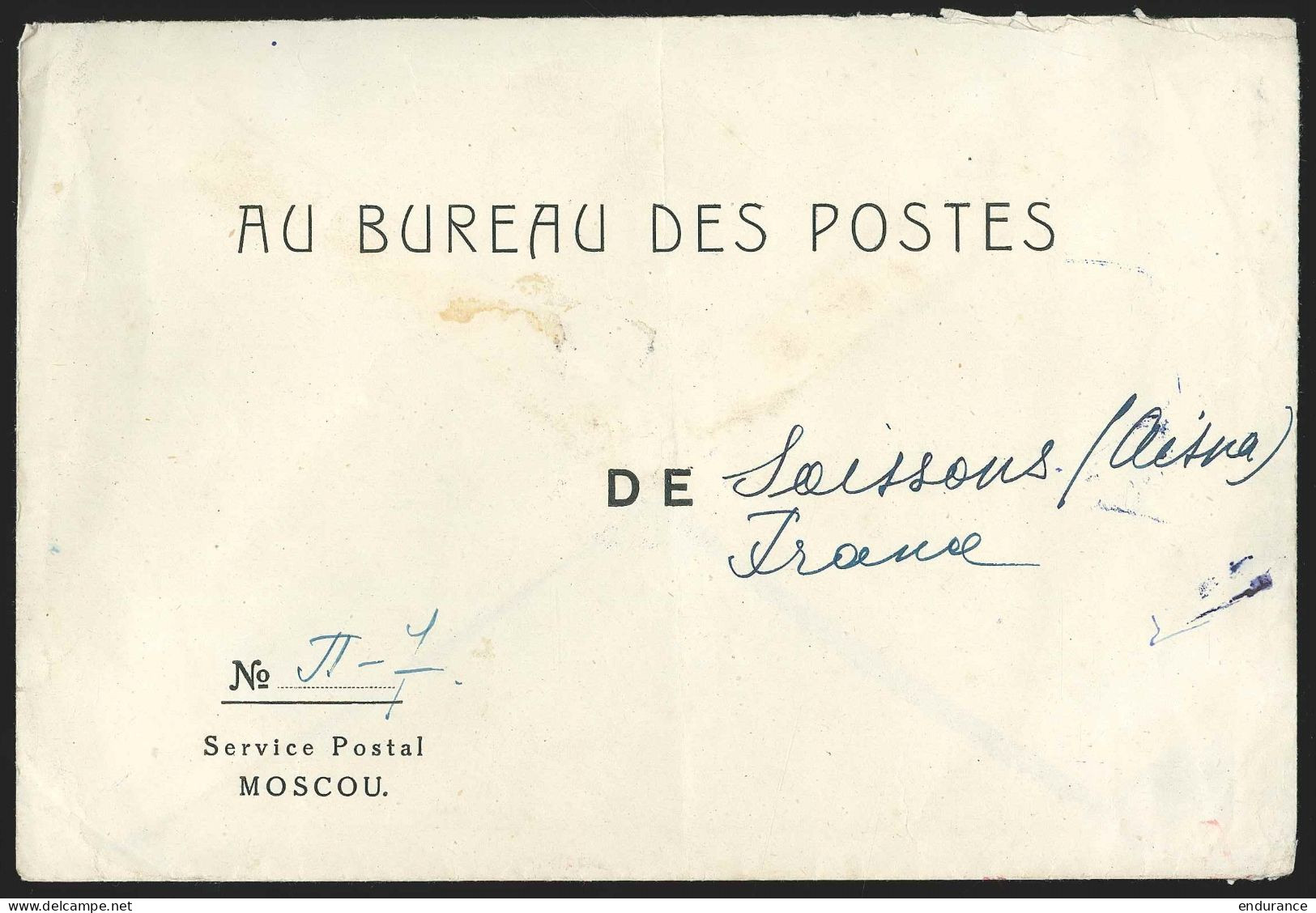 Lettre Du Bureau Des Postes De Moscou Pour Soissons (France)  - Autres & Non Classés