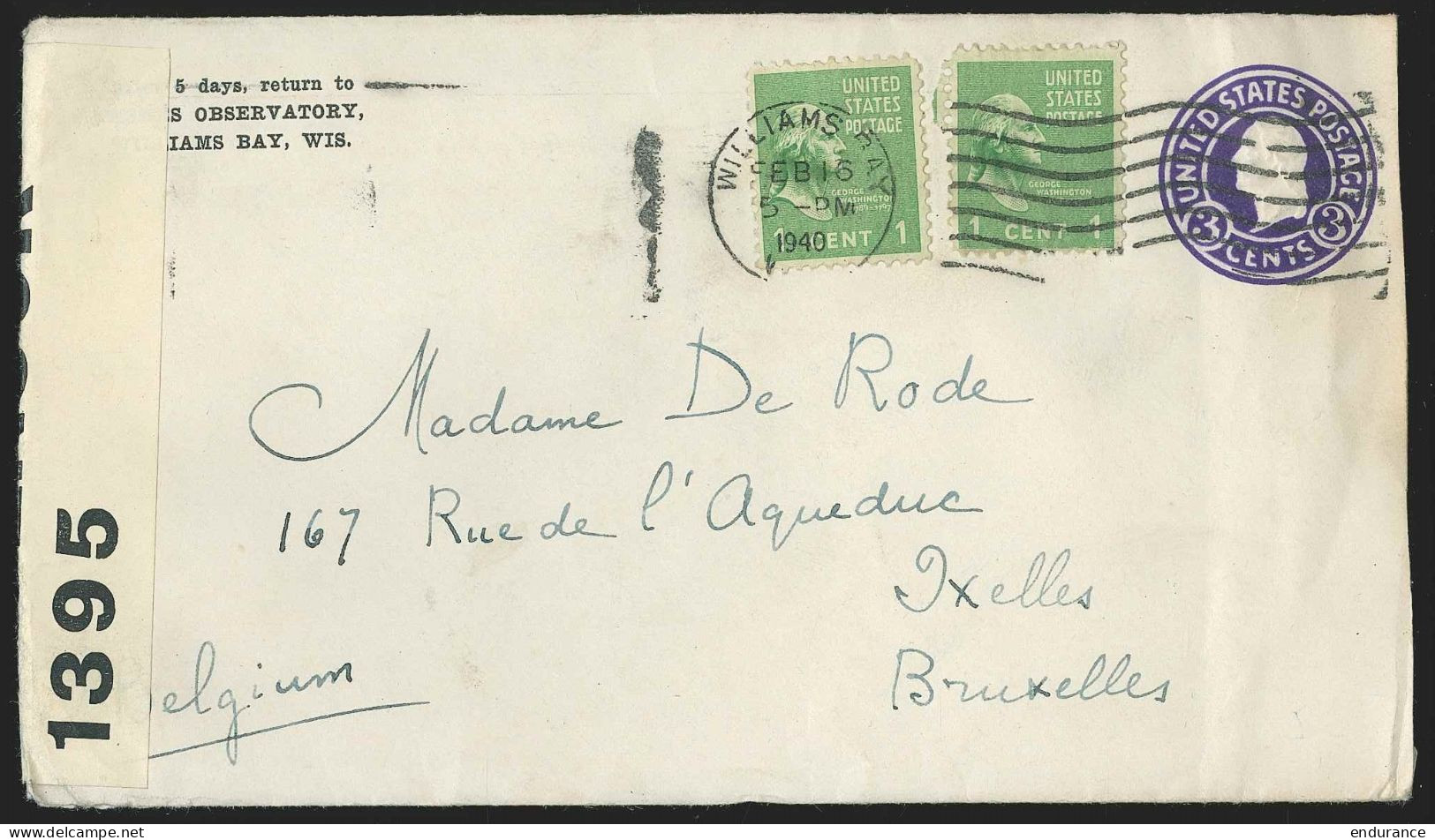 2 Lettres Des USA (POTTSTOWN Et WILLIAMS RAY/1940) Vers La Belgique + Bandes De Censure - Weltkrieg 1939-45 (Briefe U. Dokumente)