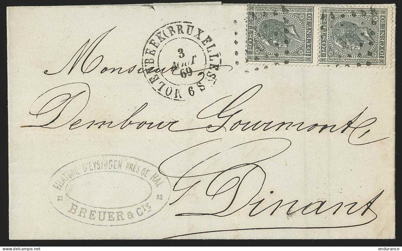 L. Datée D' Eysingen Affr. N°17 X2 De MOLENBEEK (BRUXELLES)/1869 Pour Dinant  - 1865-1866 Profil Gauche
