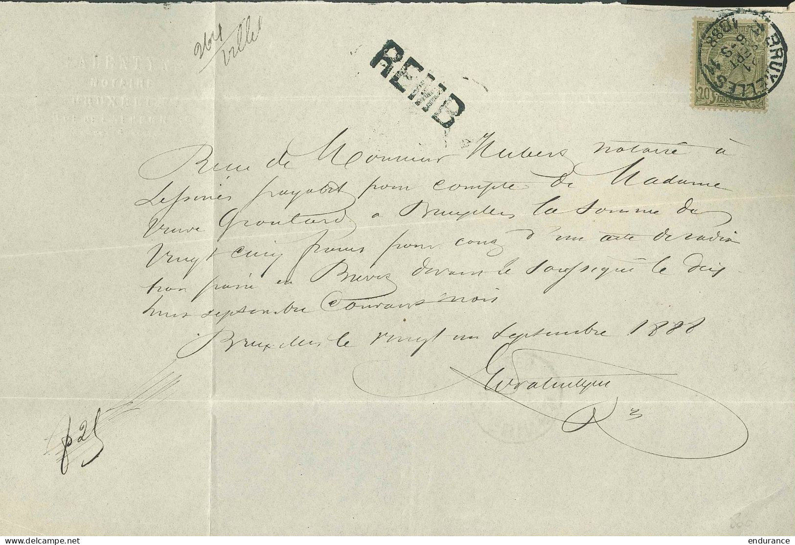 Reçu Affr. N°47 Càd BRUXELLES/1888 + Marque "REMB" (remboursement) - 1884-1891 Leopoldo II