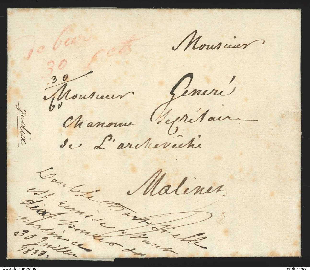 L. 1833 De Gand + "de Beer/30 Cent + 30/60" (messager ?) + "double Port Si Elle Est Remise …" Pour Malines - 1830-1849 (Unabhängiges Belgien)