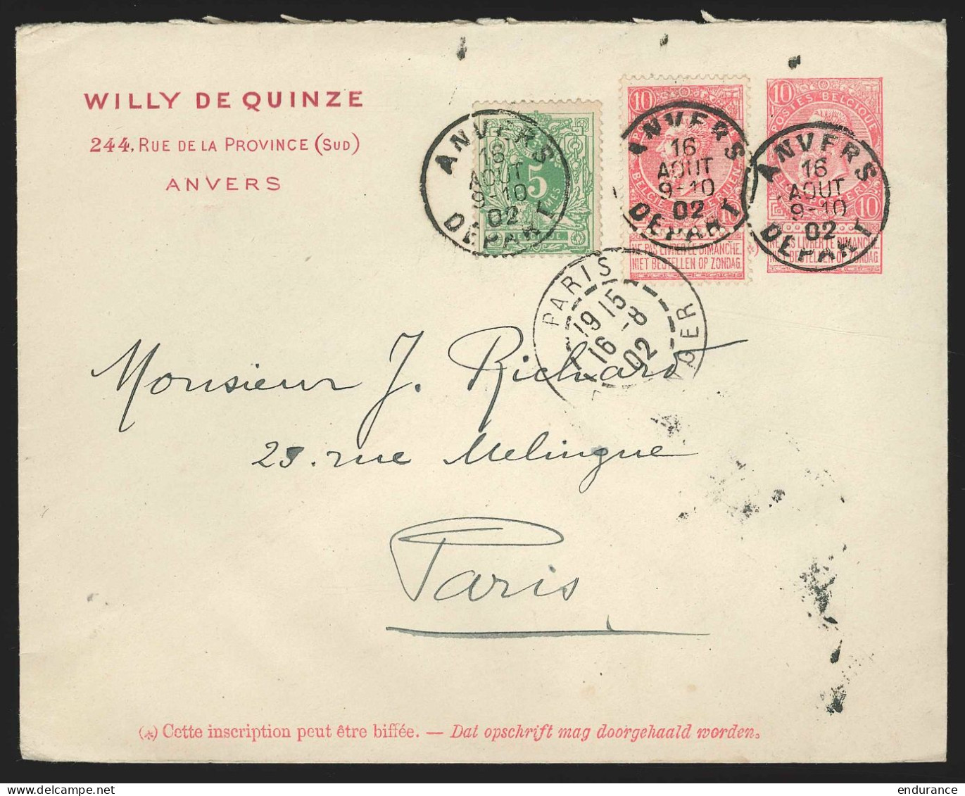 Envel. L 10c Fine Barbe Repiquage (Rare) " Willy DE QUINZE .. …" + N°45+57 D' ANVERS/1902 Pour Paris.  - 1893-1900 Fijne Baard