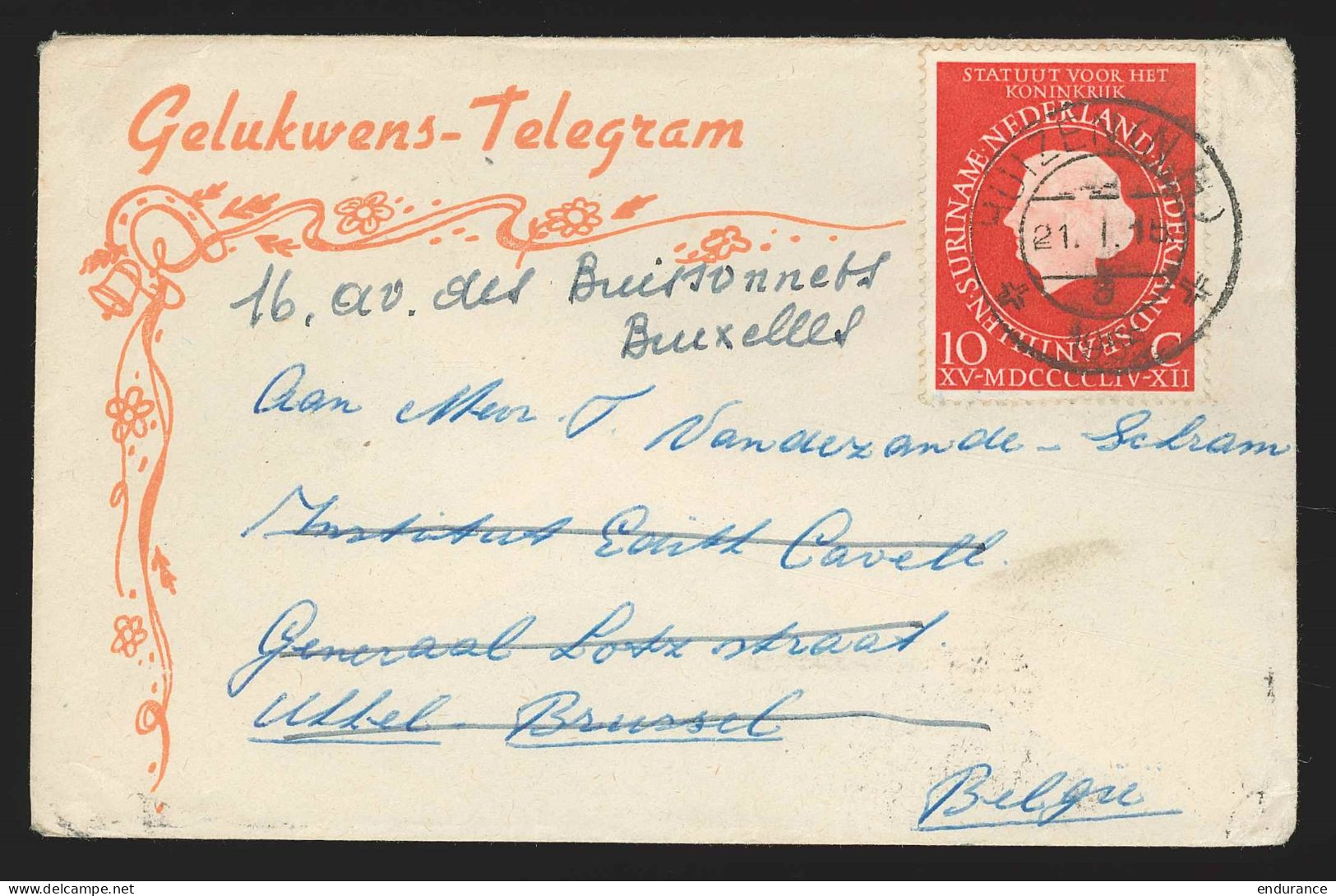 Envel. Gelukwens-Telegram Affr. 10c Rouge De HUIZEN (N.H)/1955 Pour Bruxelles - Lettres & Documents