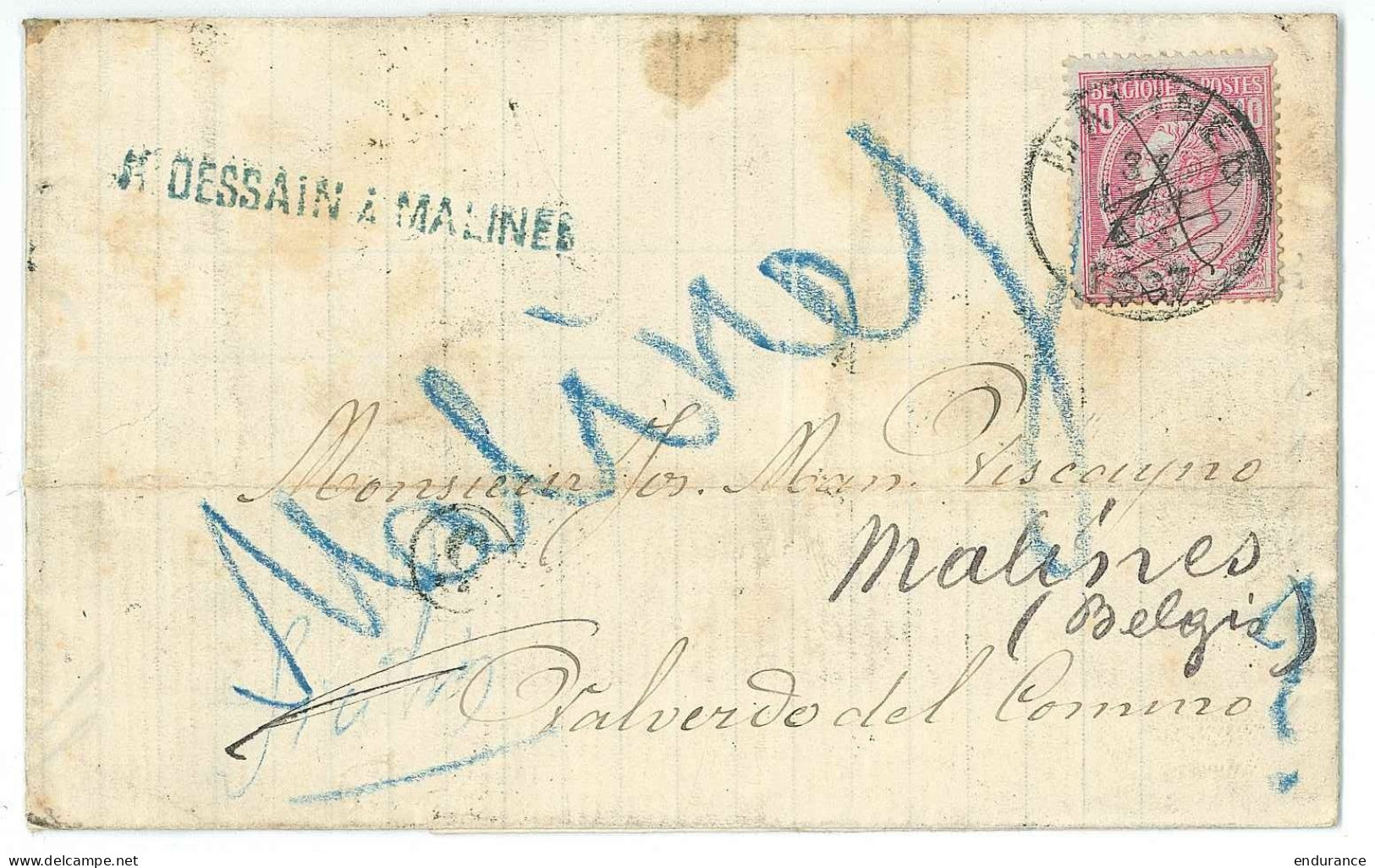 L. Affr. N°46 De MALINES/1887 Pour Valverdo (adresse Erronée Et Sous Affranchie) …R - 1884-1891 Leopold II