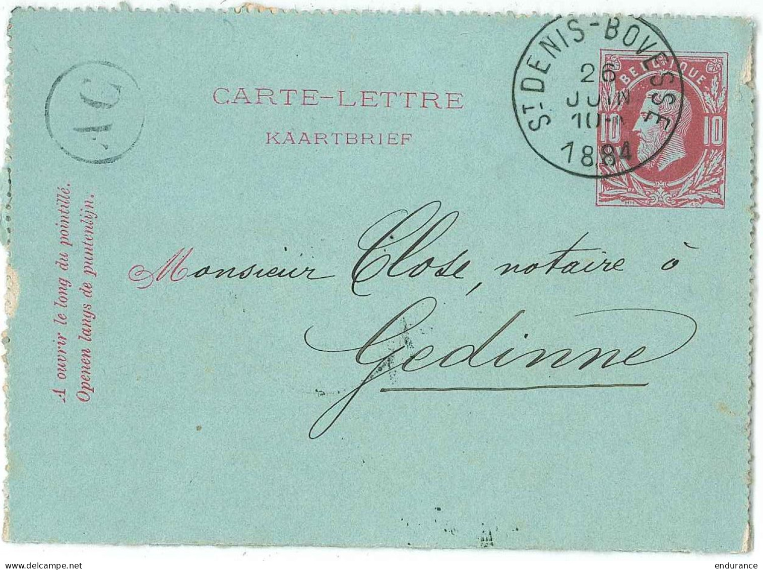 CL 10c Rouge Sc ST DENIS-BOVESSE/1884 + Boîte Rurale AC De BOVESSE Pour Gedinne - Cartes-lettres