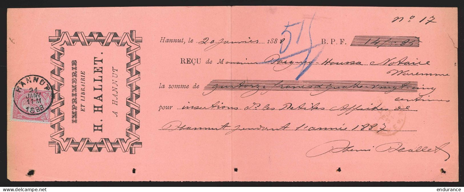 Reçu Affr. N°46 Sc. HANNUT/1888 - 1884-1891 Léopold II