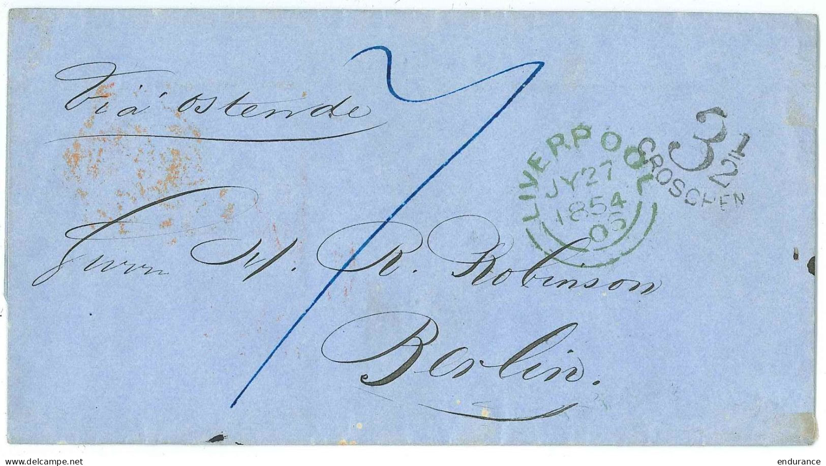 L. St. De LIVERPOOL/1854 Pour Berlin "via Ostende" + "7" + "3 1/2/GROCHEN" Au Tampon - Lettres & Documents