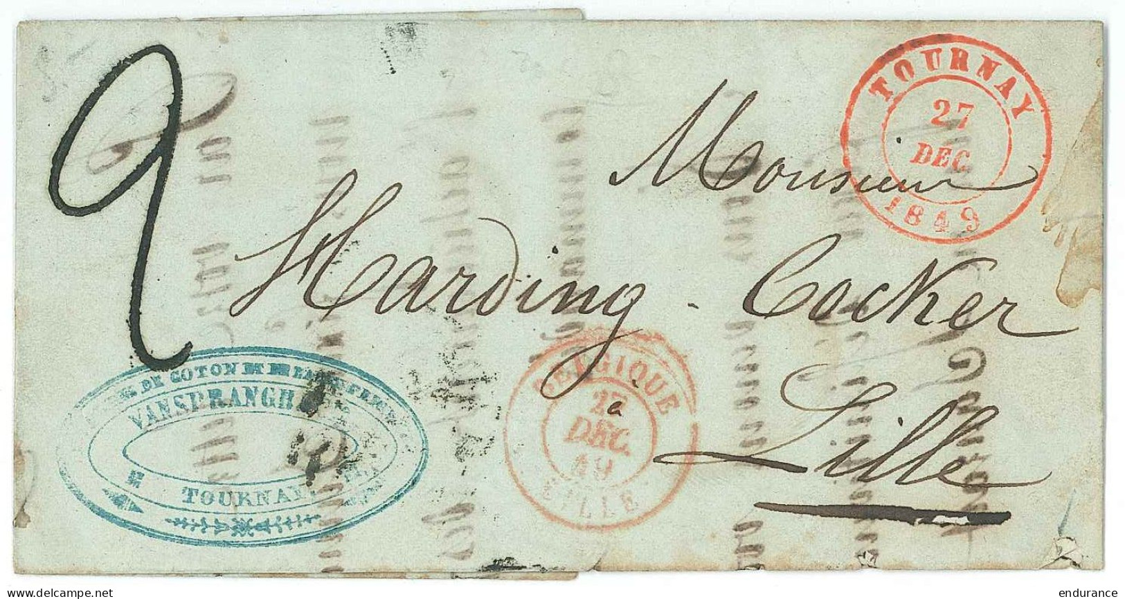 L. Càd TOURNAY/27/DEC/1847 +"2" Au Tampon Pour Lille (tarif Frontalier Au Tampon) R - 1830-1849 (Belgique Indépendante)