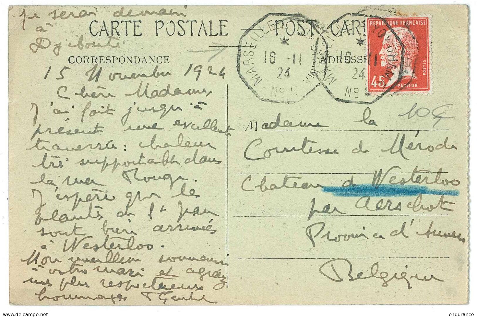 CPA De Port Saïd Affr. France 45c Pasteur Octog MARSEILLE A YOKOAMA/N°4/1924 Pour La Belgique - 1906-38 Semeuse Con Cameo