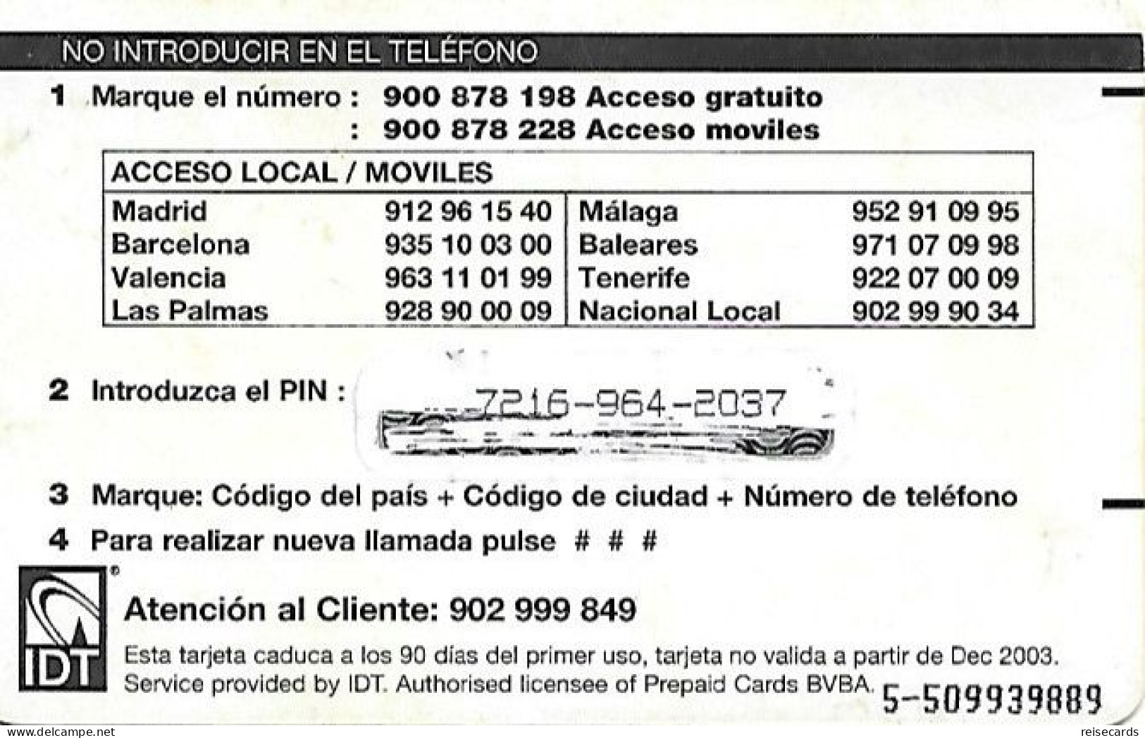 Spain: Prepaid IDT - Platicard €5 PTAS832 12.03 - Andere & Zonder Classificatie