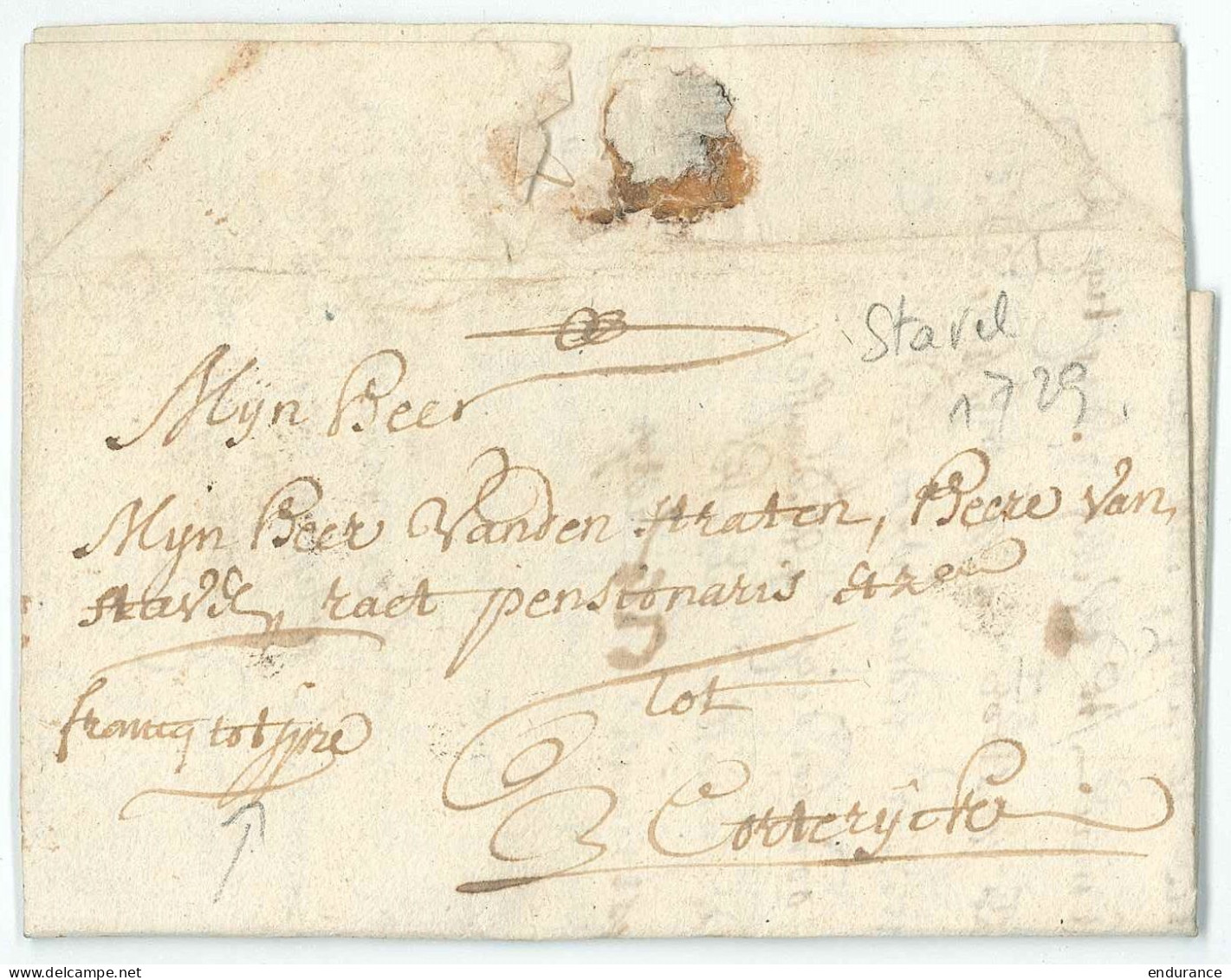 L. Datée De Stavel 1729 "Francq Tot Ypre" Pour Courtray. - 1714-1794 (Oostenrijkse Nederlanden)