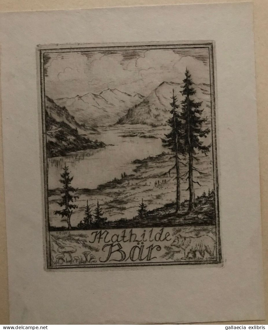 Ex-libris Fritz Böttel. Paysage Rivière Arbre Ours Champignon Exlibris Fritz Böttel. Landscape River Tree Bear Mushroom - Bookplates