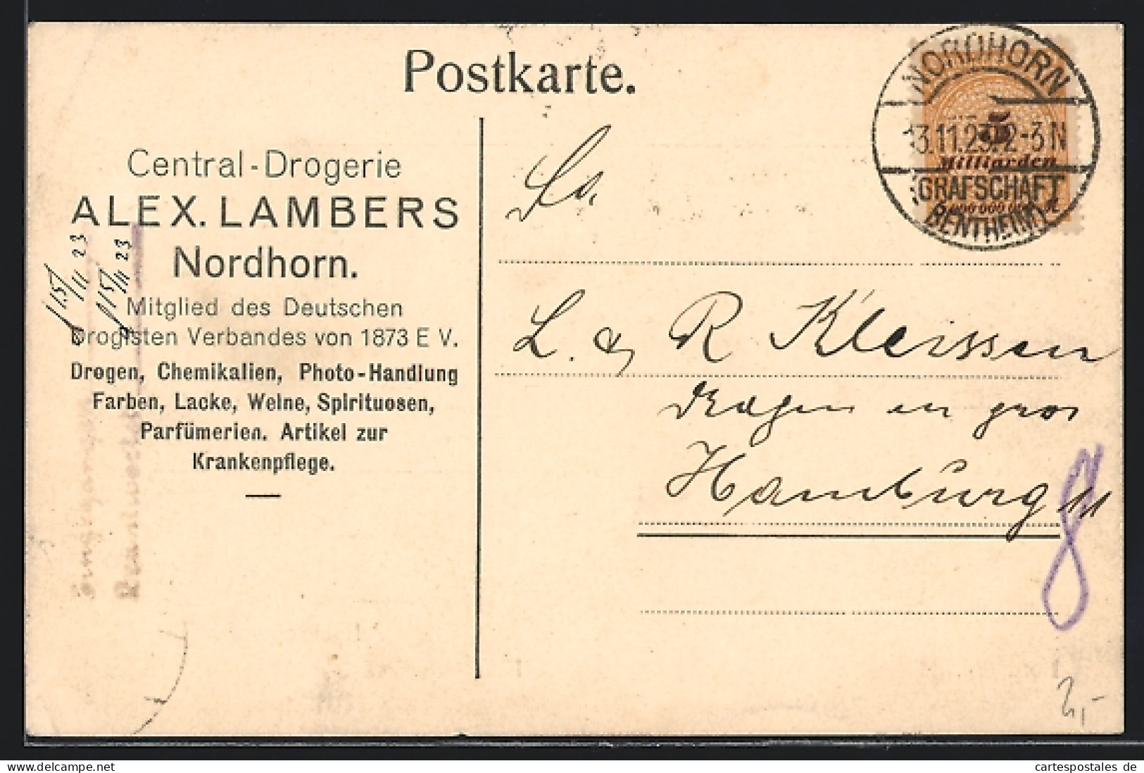 AK Nordhorn, Mitteilungskarte Der Central-Drogerie Alex. Lambers, Mitglied Des Deutschen Drogisten Verbandes E.V.  - Nordhorn