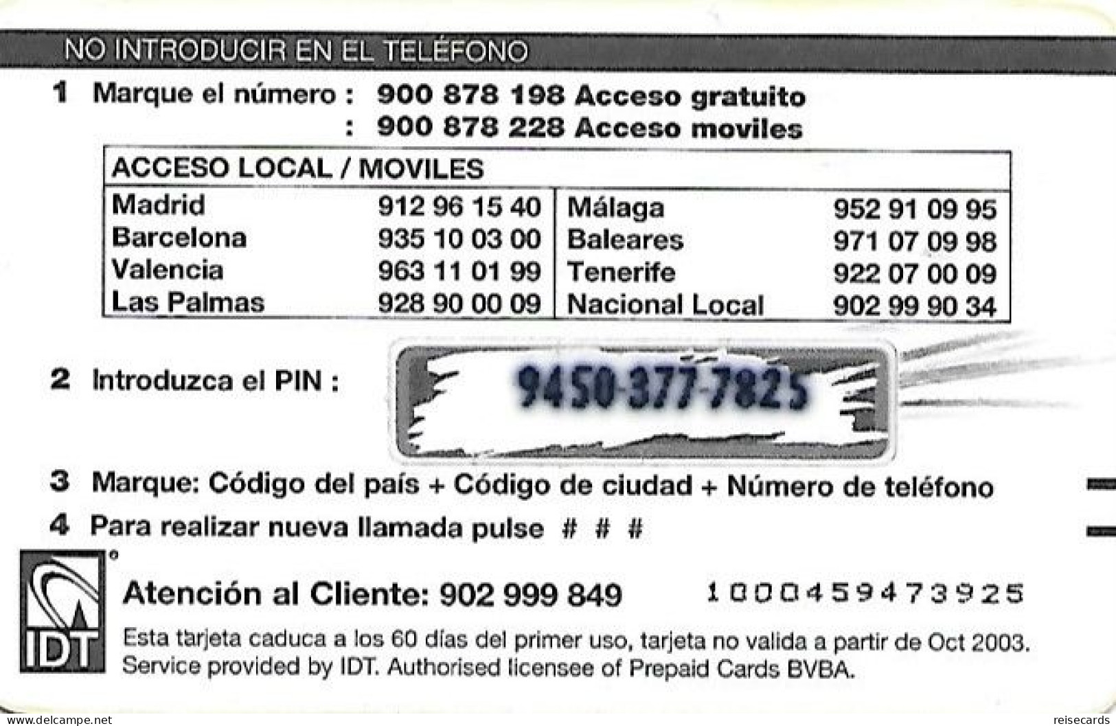 Spain: Prepaid IDT - Platicard PTAS1000 10.03 - Autres & Non Classés