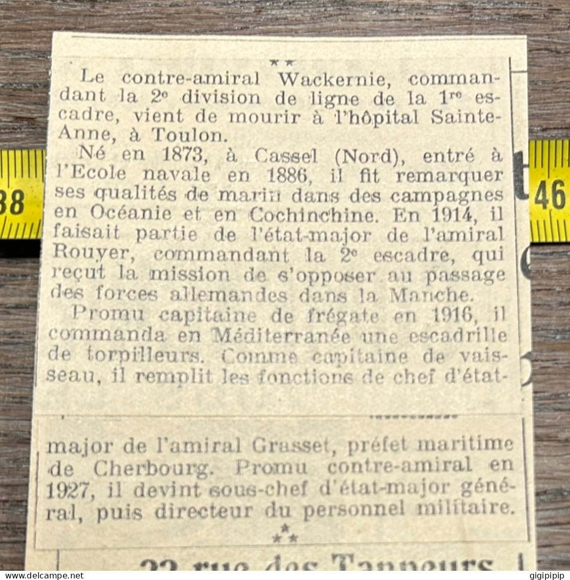 1930 GHI18 Mort Du CONTRE-AMIRAL WACKERNIE à Toulon Né à Cassel - Collections