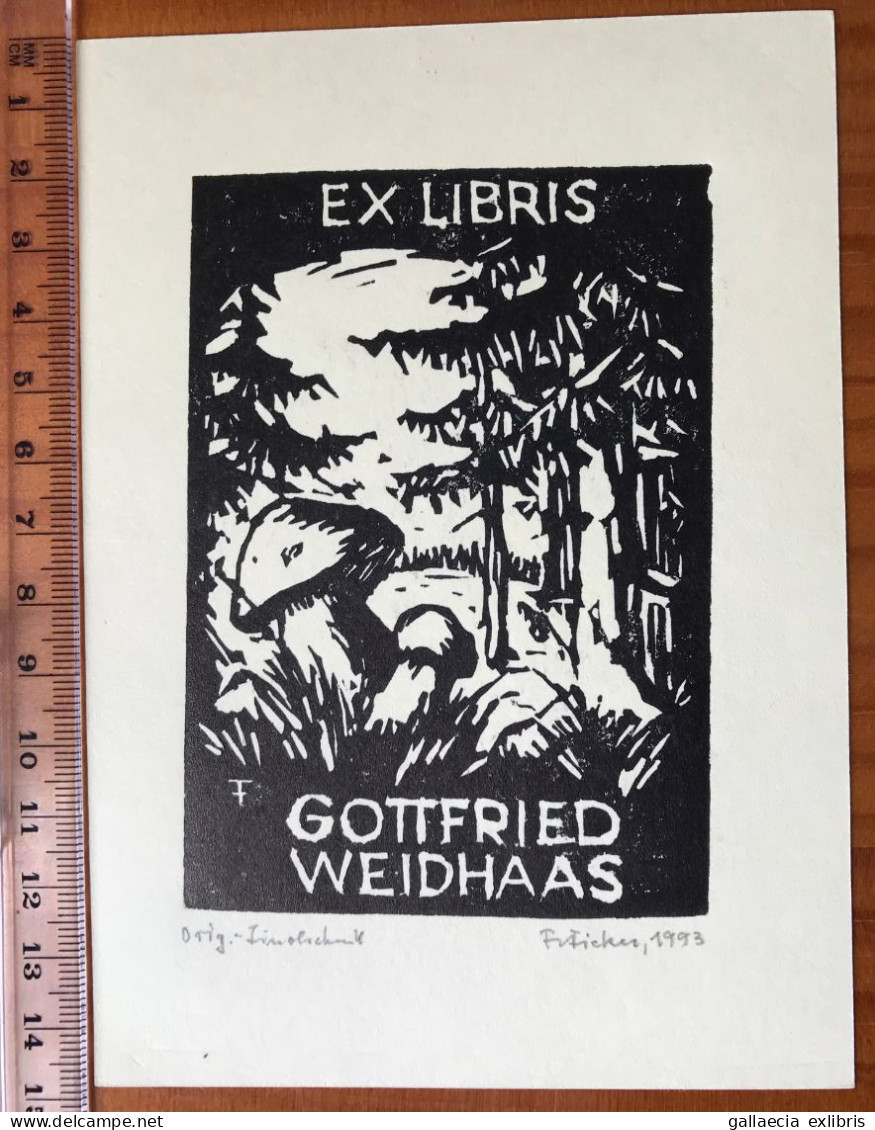 Ex-libris Friedbert Ficker. Fôret Arbre Champignon. Exlibris Bookplate Friedbert Ficker. Forest Tree Mushroom - Exlibris